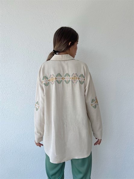 Kol Nakış İşleme Oversize Keten Gömlek Ekru