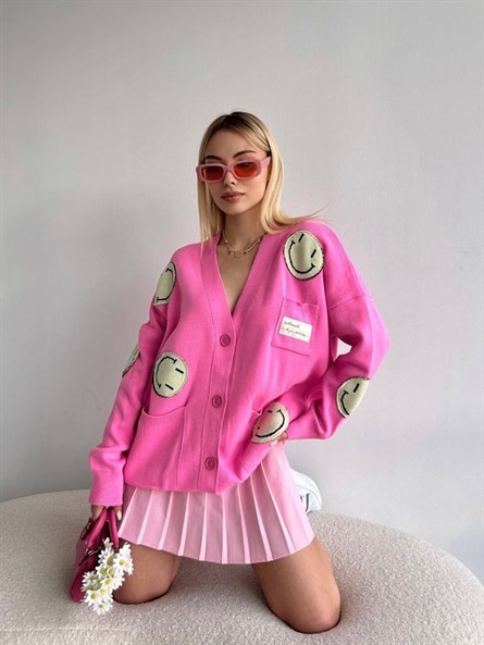 Oversize Emoji Triko Hırka Pembe