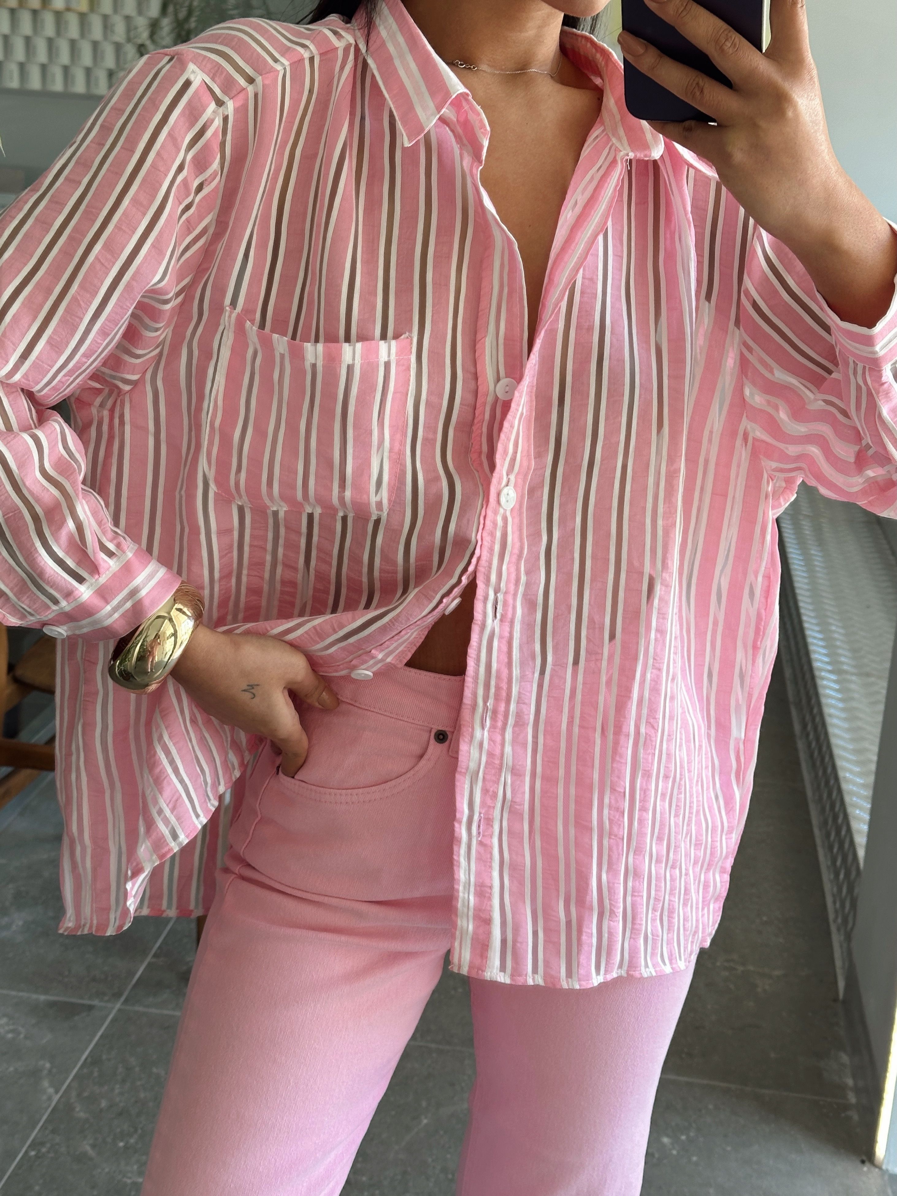 Oversize Çizgili Gömlek - Pembe