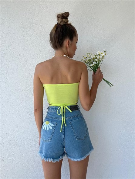 Bel İp Detay Straplez Crop Neon Yeşil