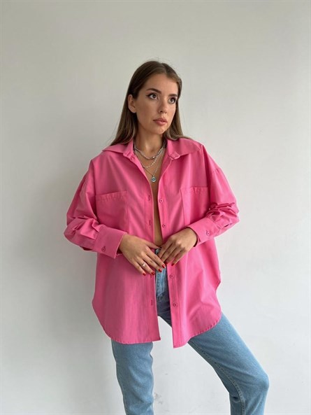 Sırt Yırtmaç Detay Oversize Poplin Gömlek Pembe