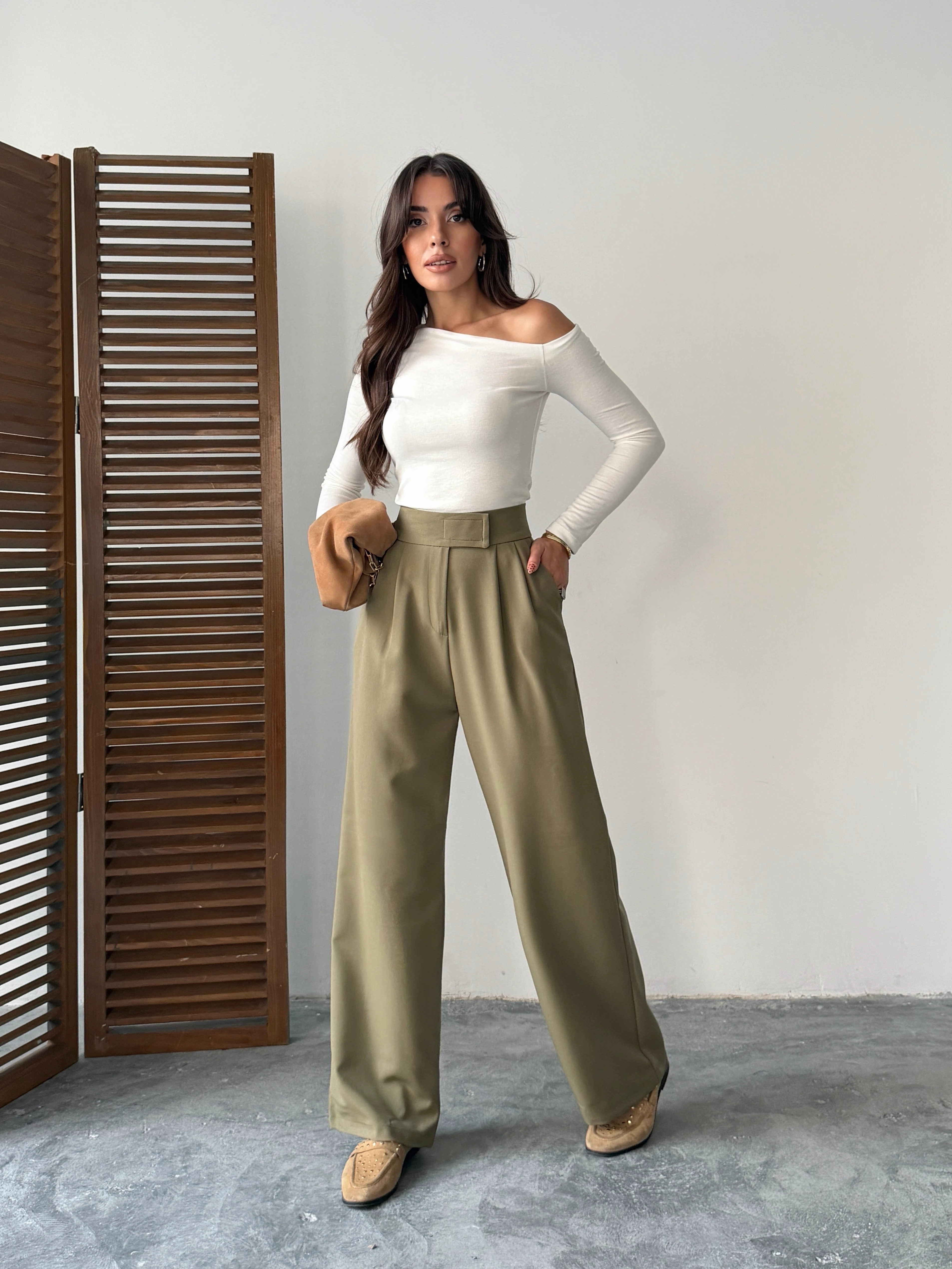 Bel Cırtlı Palazzo Pantolon  - Haki