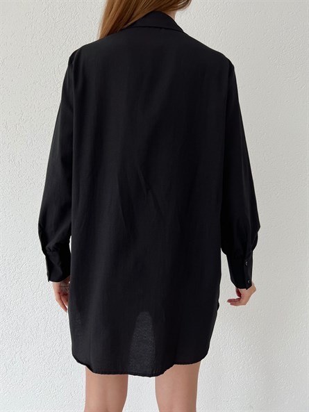 Zincir Apolet Oversize Poplin Gömlek Siyah