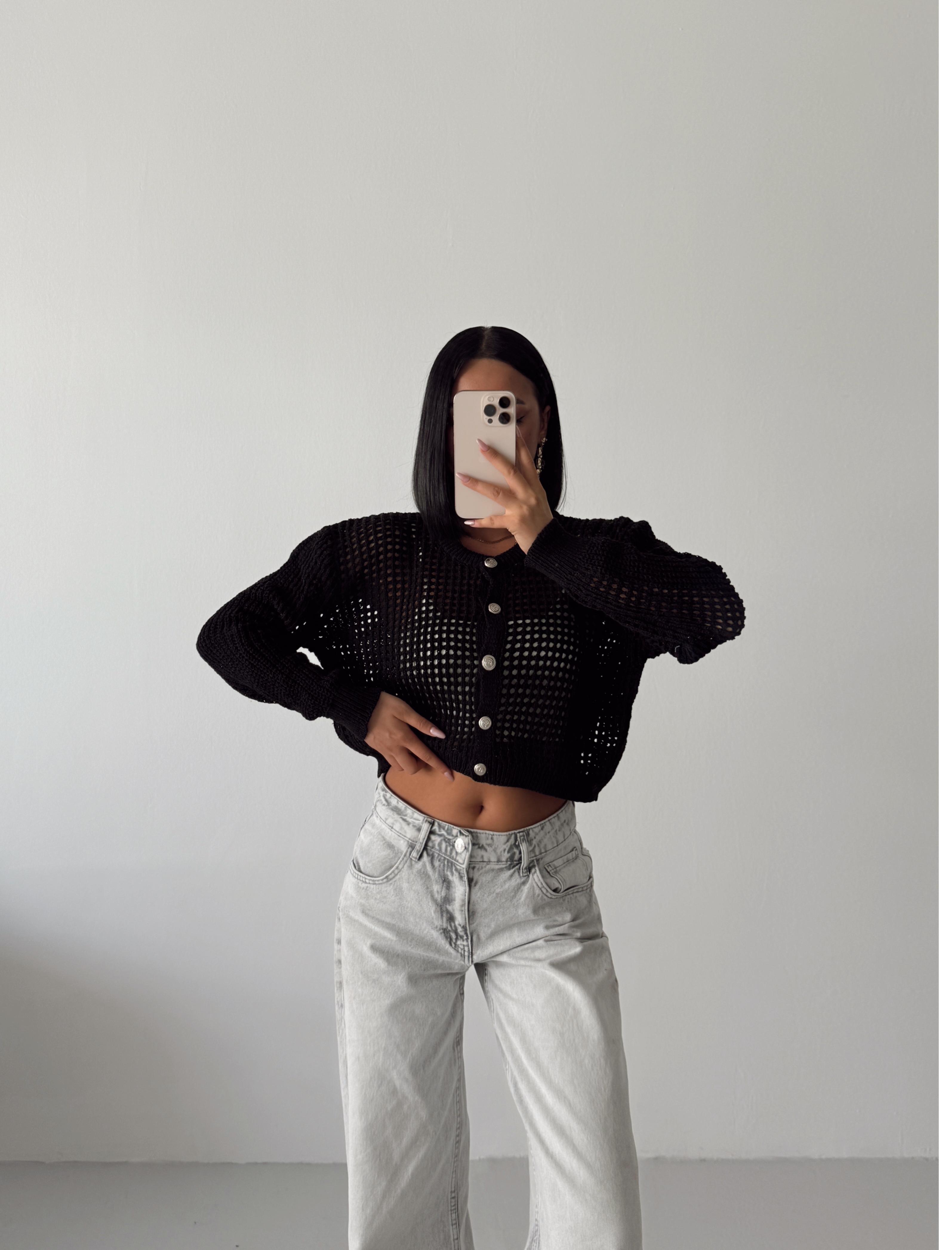 Simli Crop Hırka  - Siyah