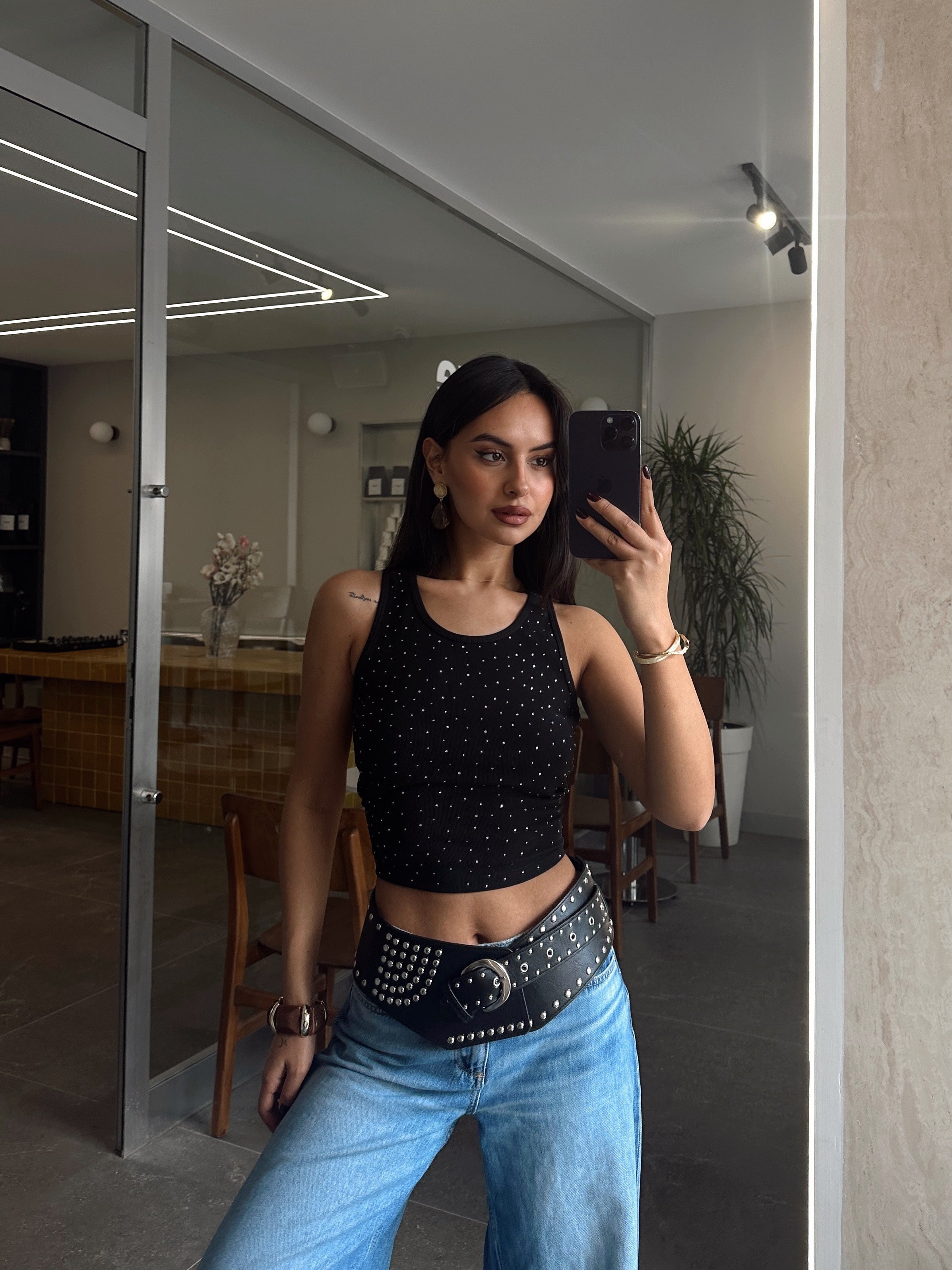Fitilli Taşlı Bluz - Siyah