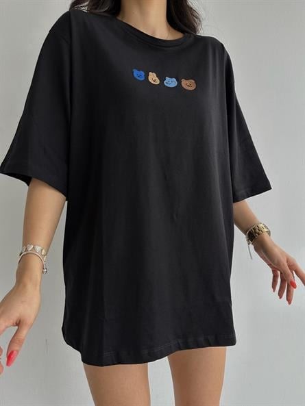 Animal Nakış Oversize T-shirt Siyah