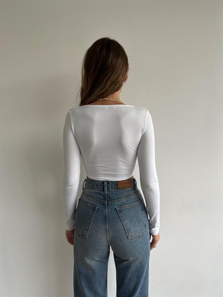 Be Happy Ön Burgu Croptop Beyaz