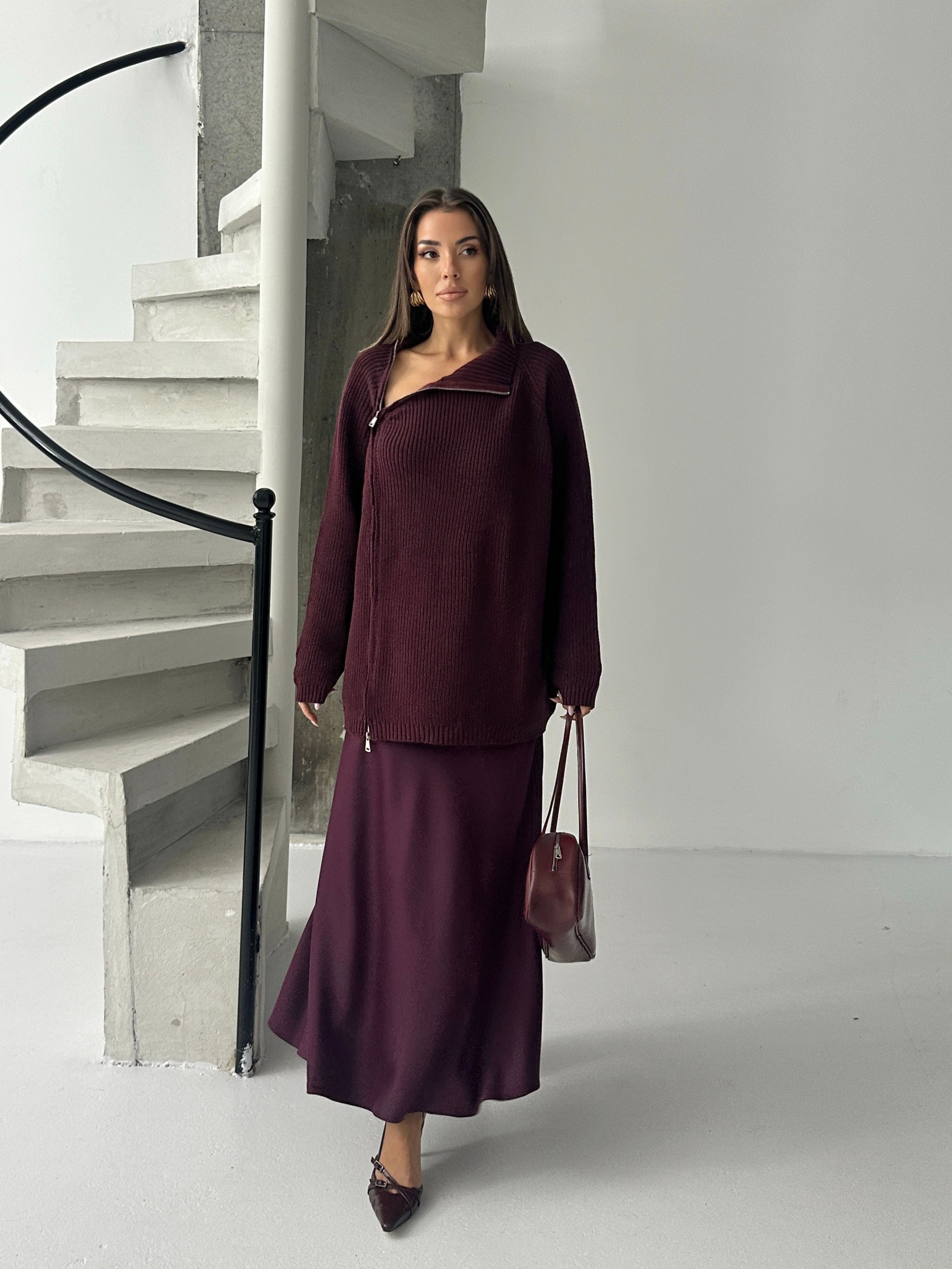 Saten Maxi Boy Etek - Mürdüm