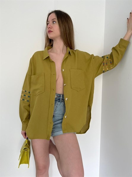 Etnik Nakışlı Oversize Gömlek Yağ Yeşili