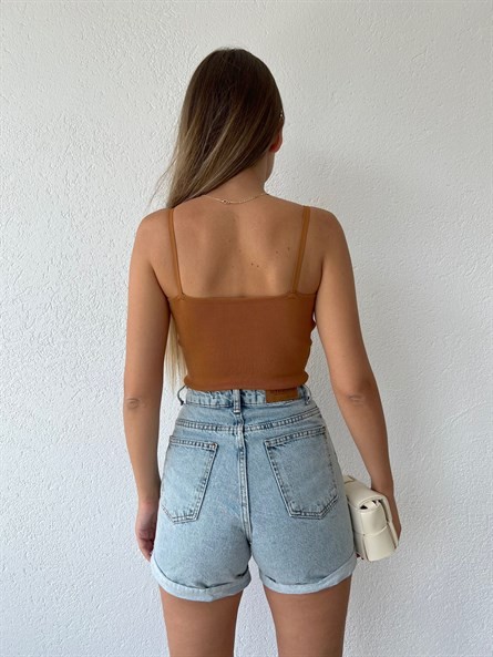 Korse Detay Askılı Triko Bluz Taba