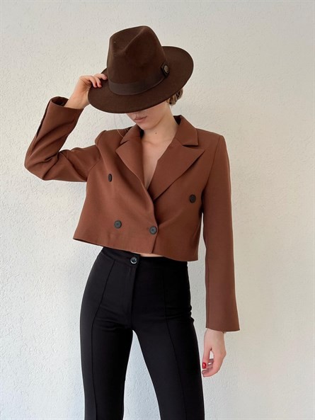 Düğmeli Kruvaze Crop Blazer Ceket Kahverengi
