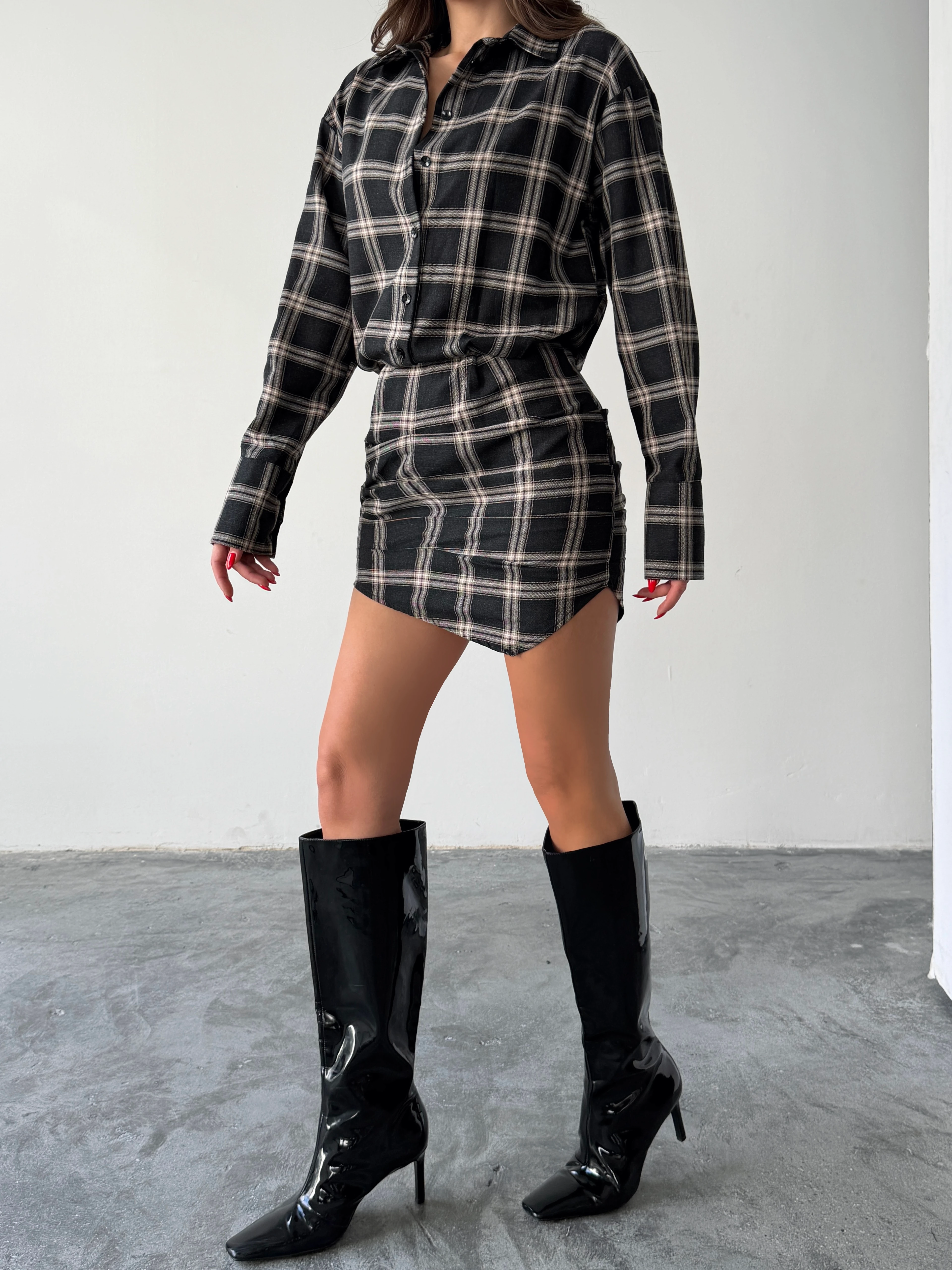 Ekose Gömlek Elbise  - Siyah