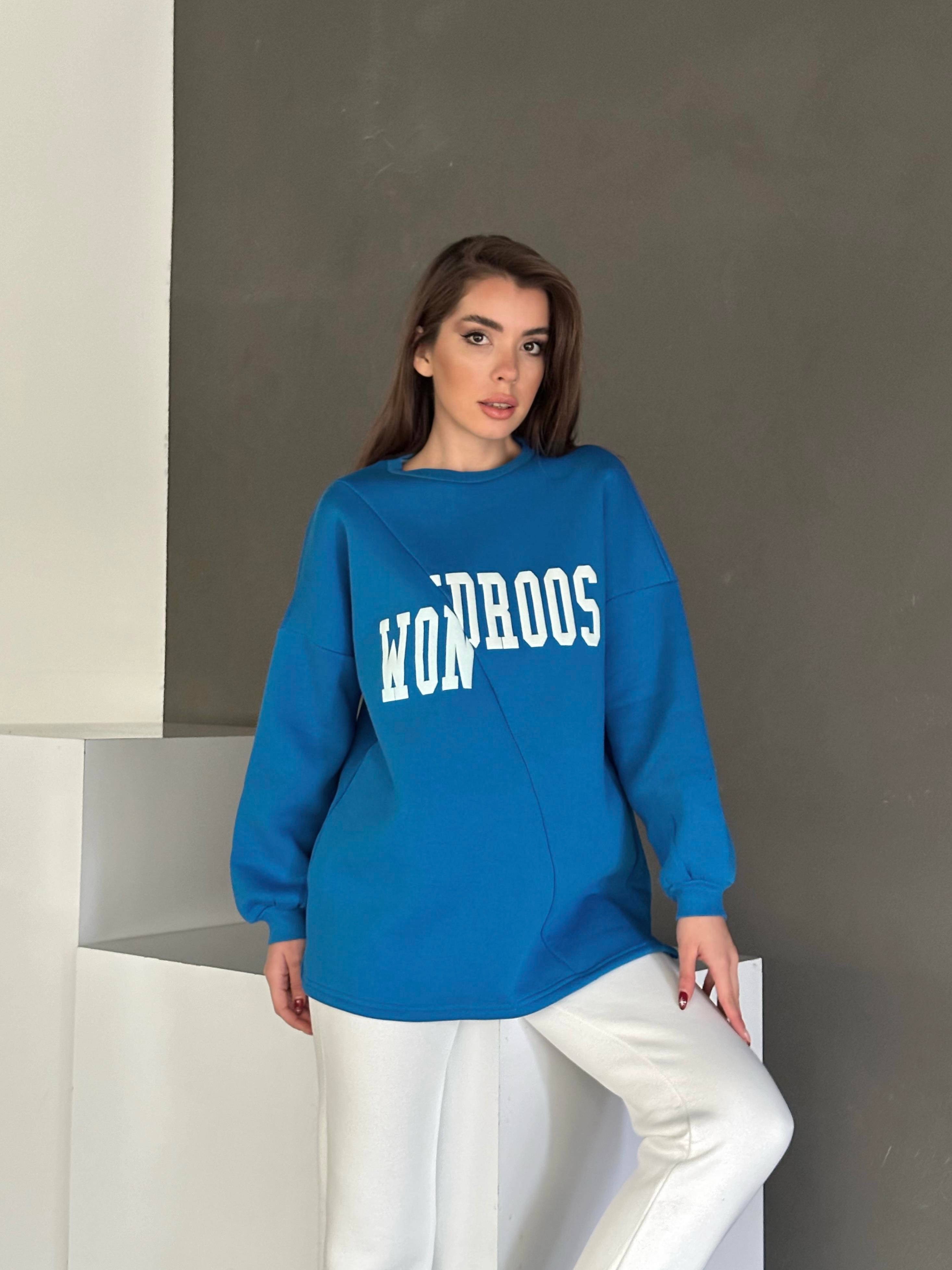 Wondroos Yan Yırtmaç Oversize Sweatshirt Mavi