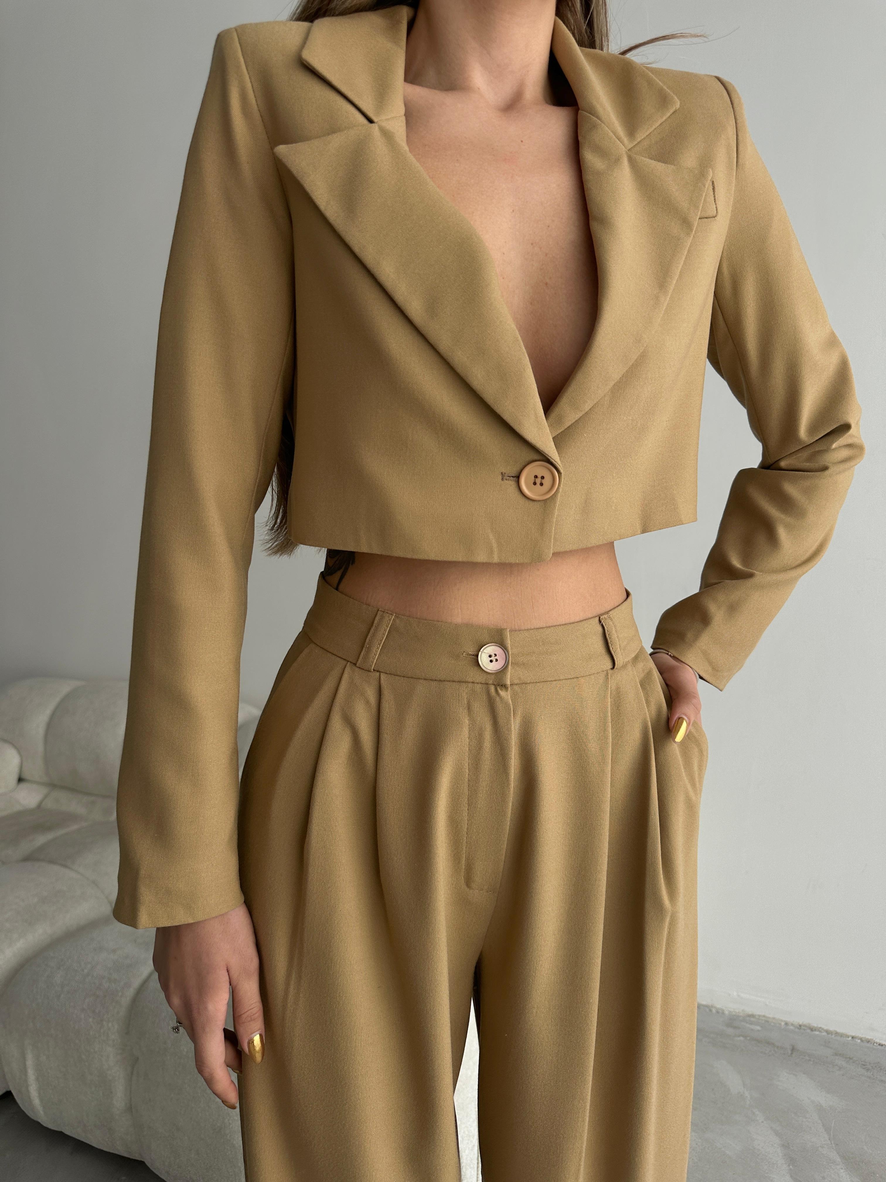 Tek Düğme Crop Blazer Vizon