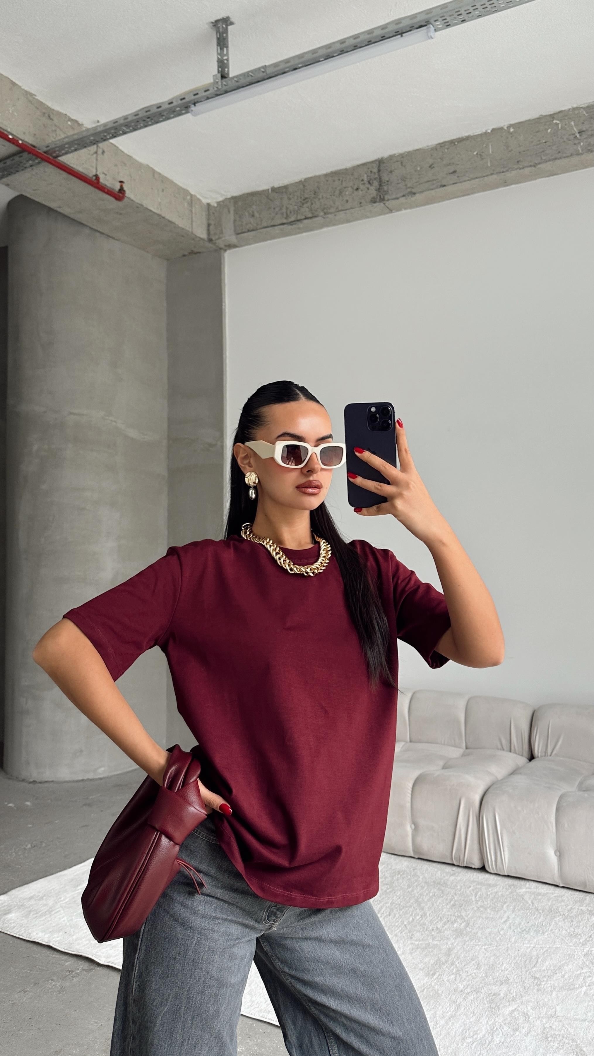 Kısa Kol Basic Tshirt Bordo