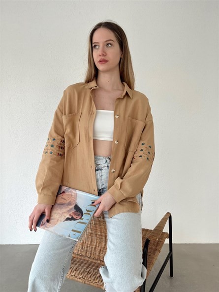 Etnik Nakışlı Oversize Gömlek Vizon