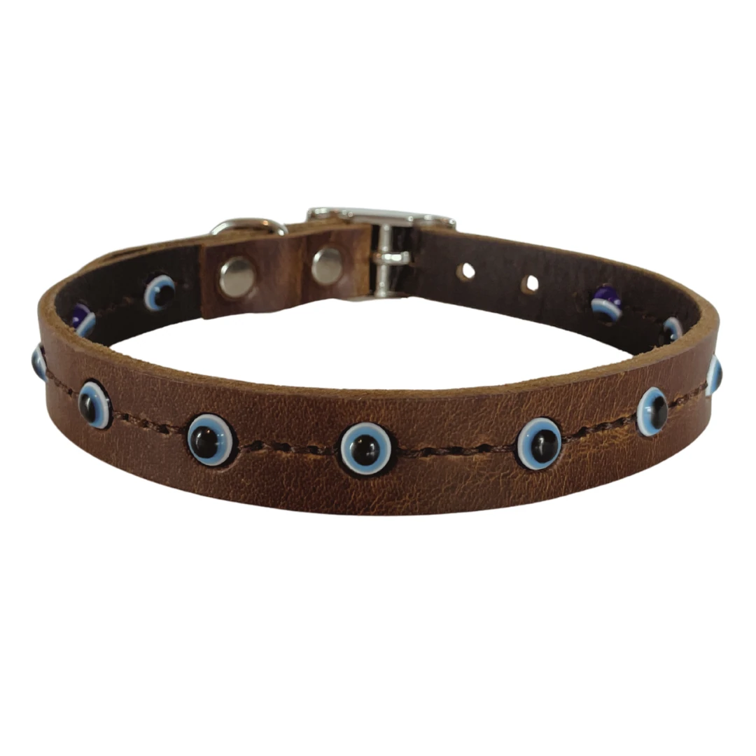 Hakiki Deri Nazar Boncuklu Köpek Tasması