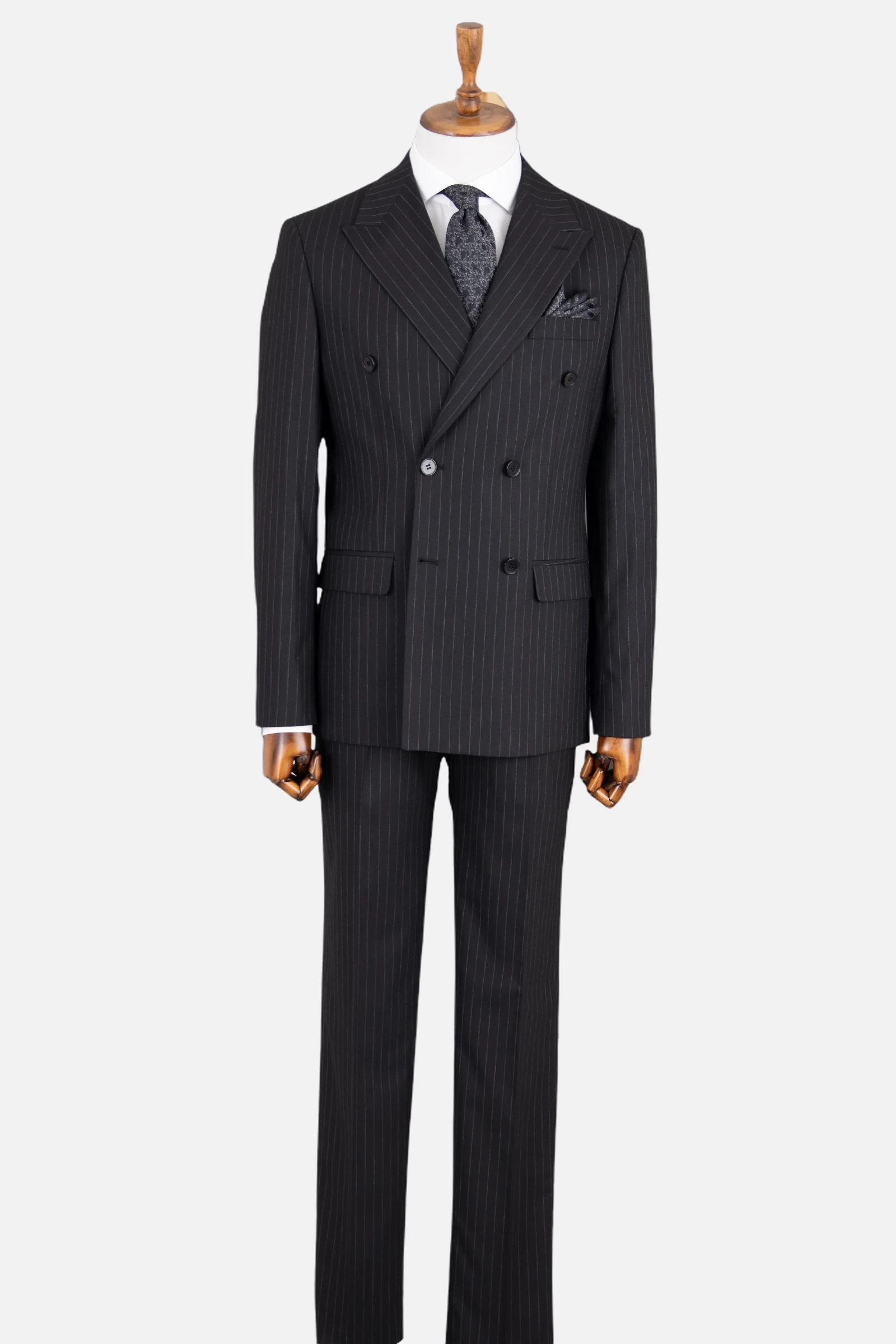 Kruvaze Çizgili Takım Elbise - Siyah