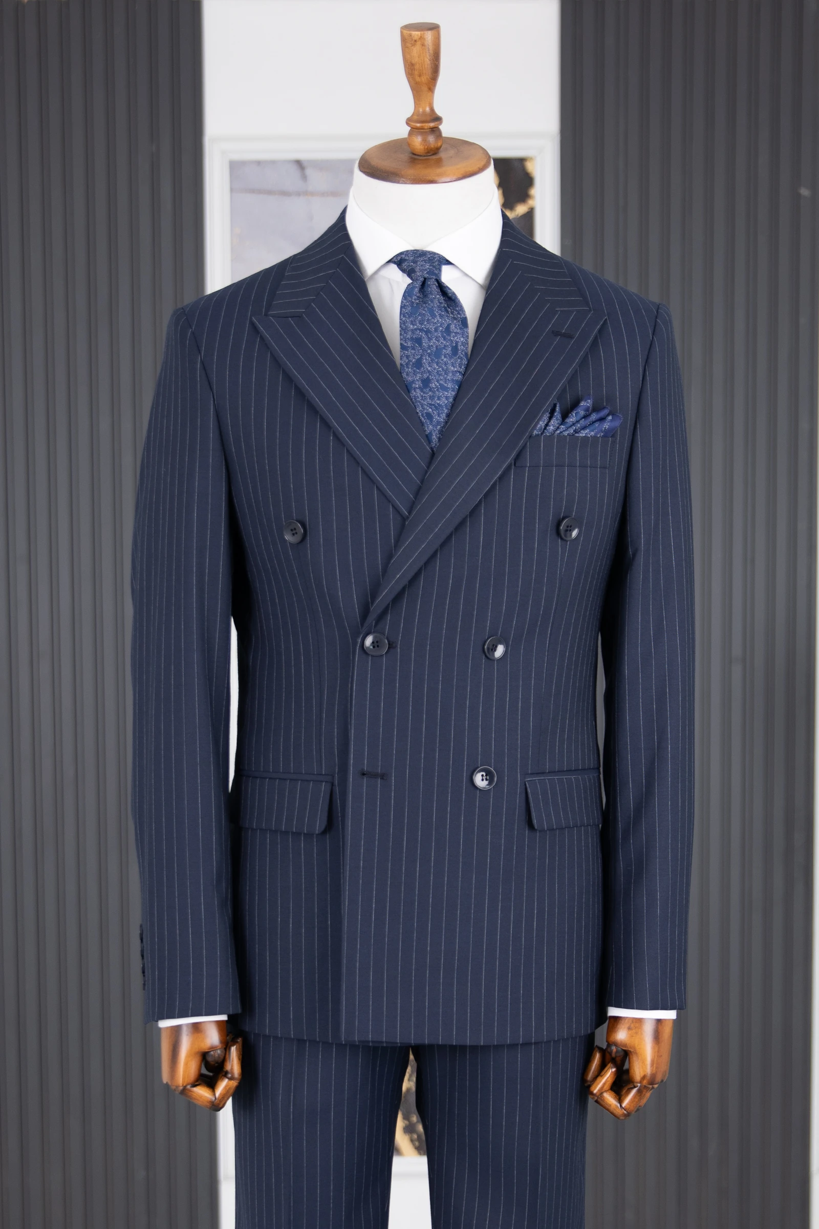 Kruvaze Çizgili Takım Elbise - Lacivert