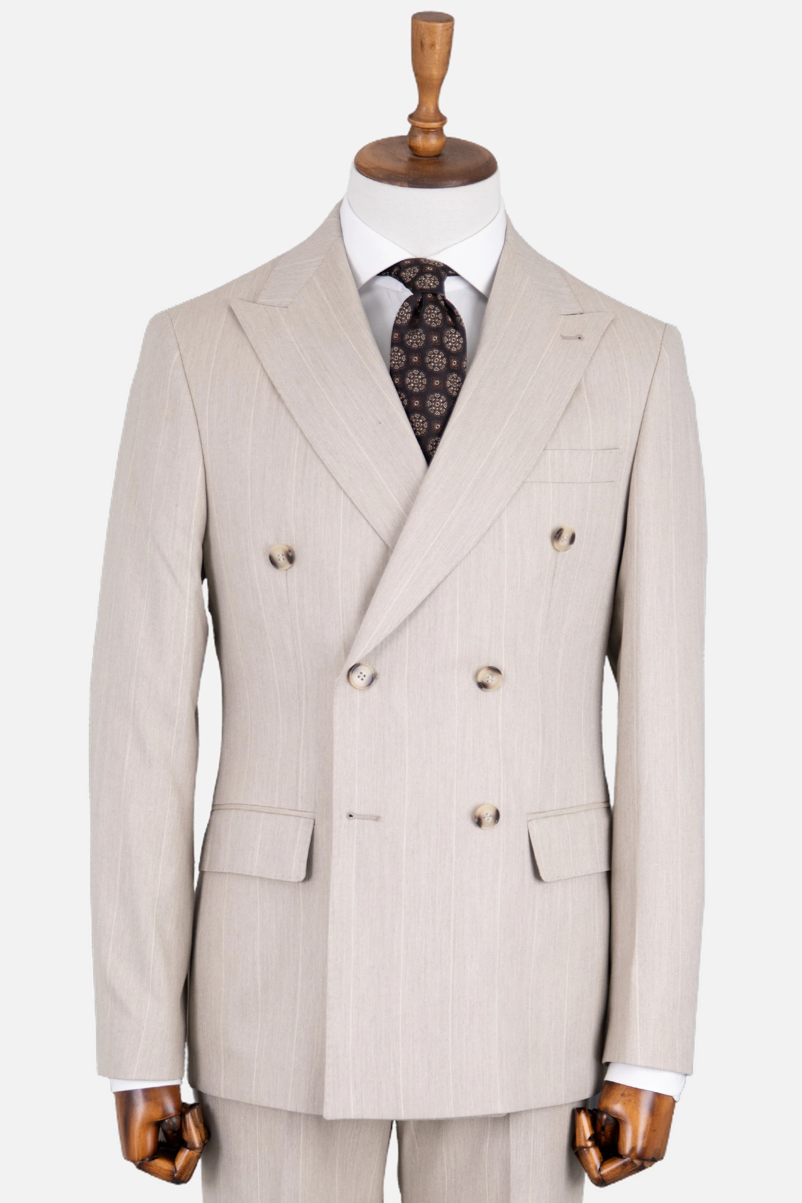 Kruvaze Çizgili Takım Elbise - Bej