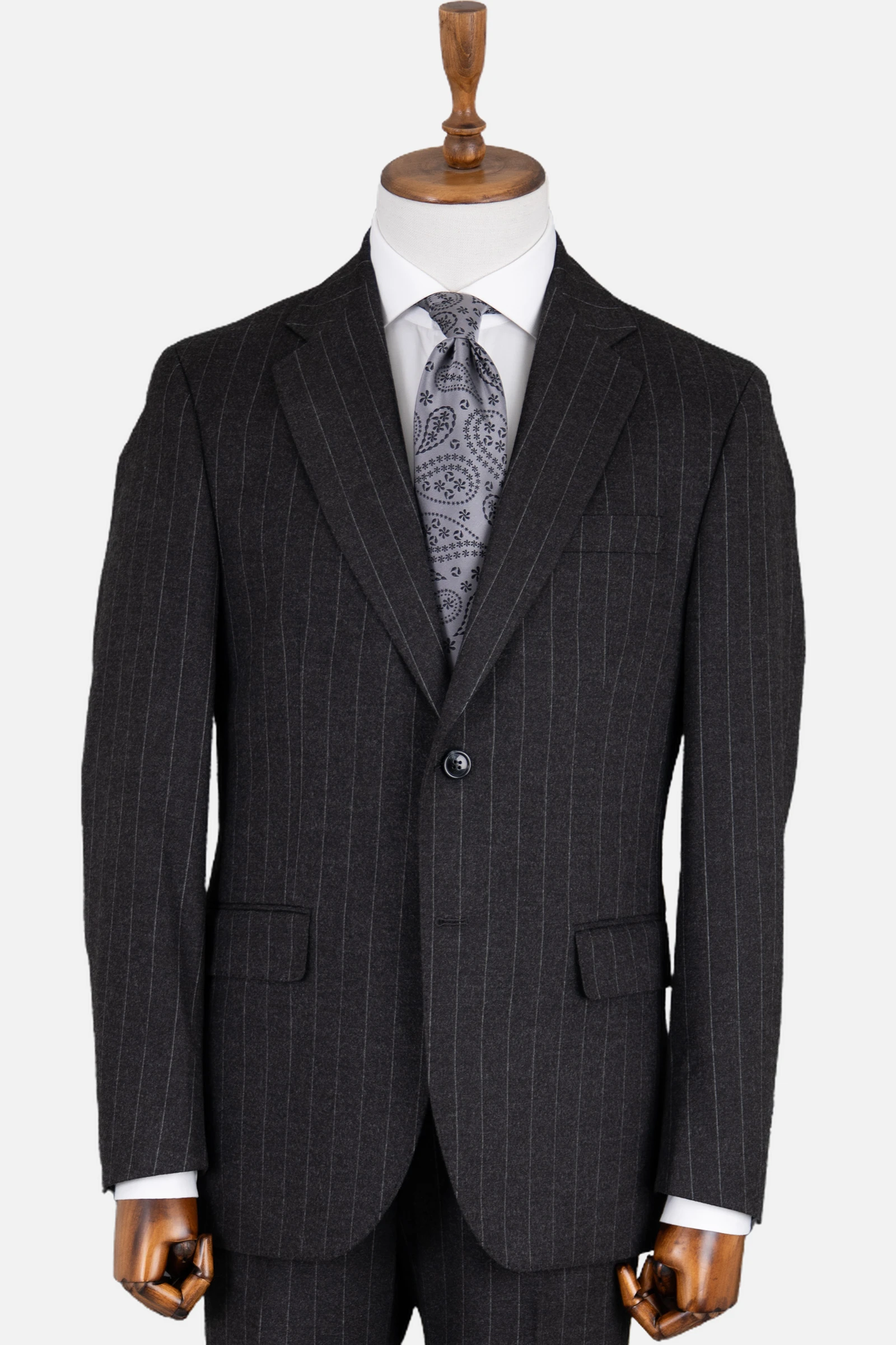 Yün Çizgili Takım Elbise - Siyah