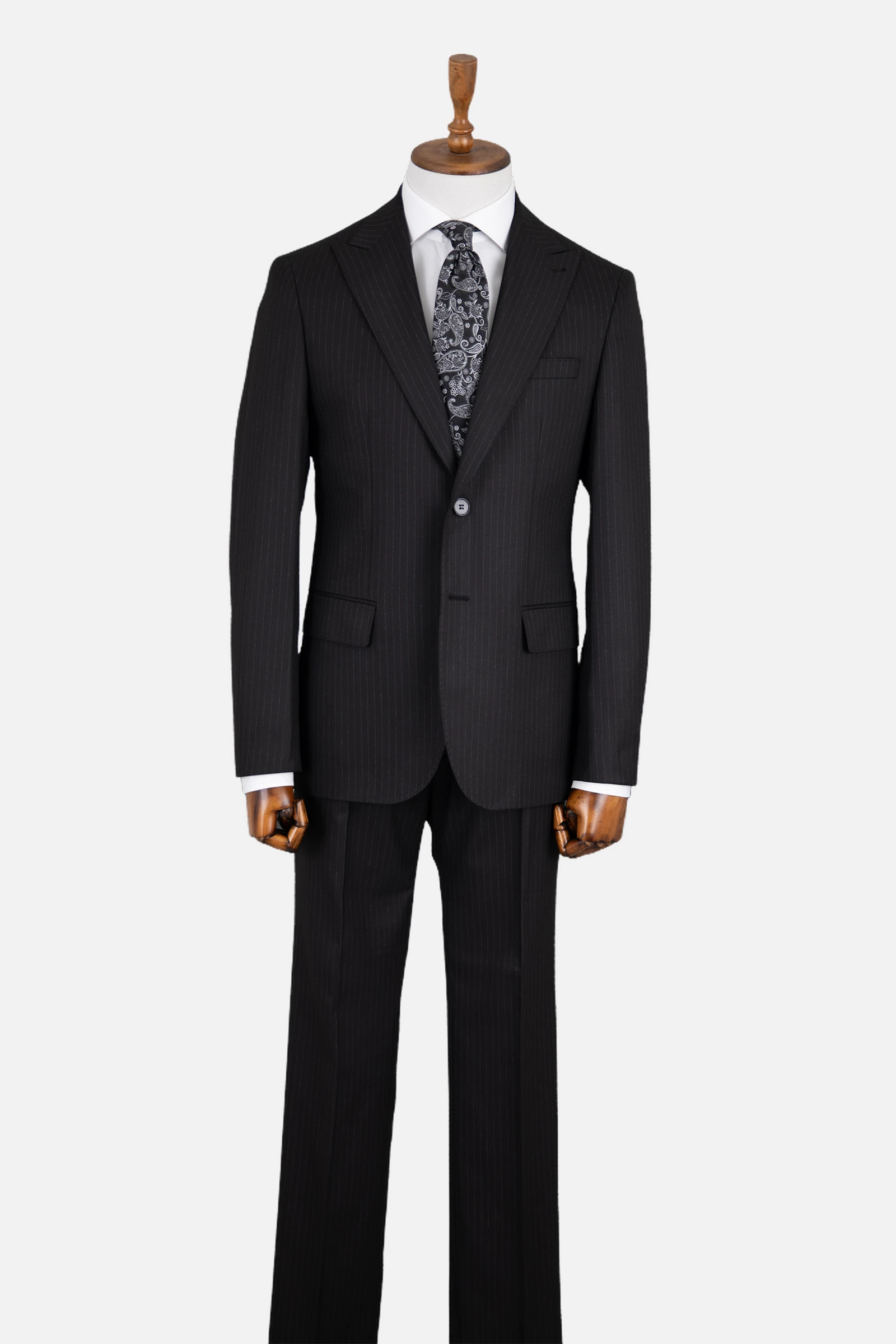 Yün Çizgili Takım Elbise - Siyah