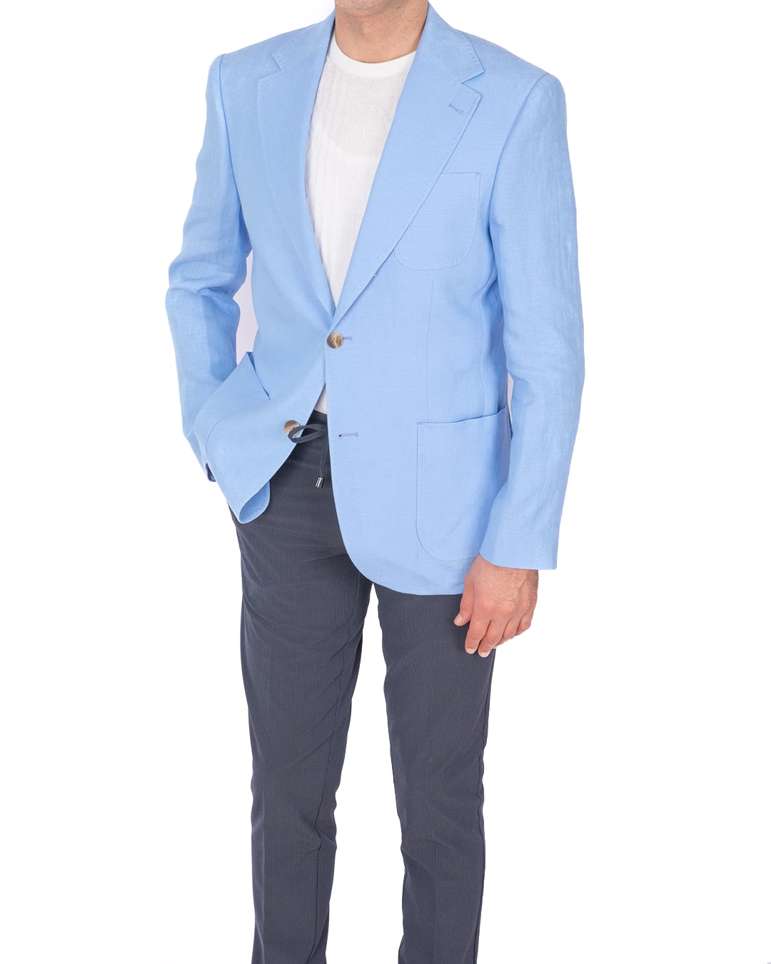 Slim Fit Keten Ceket - Mavi