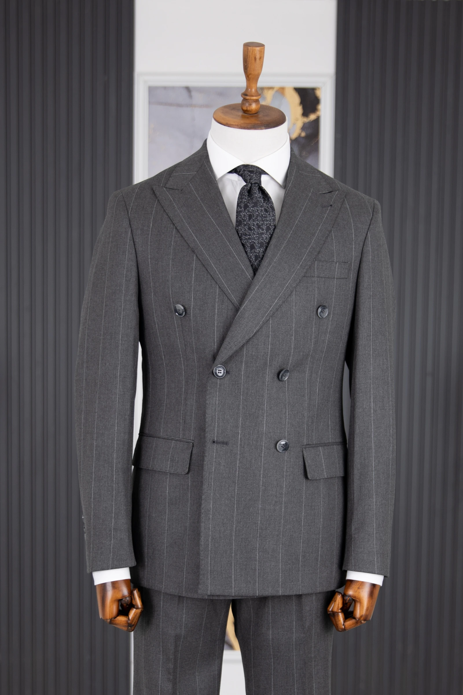 Kruvaze Çizgili Takım Elbise - Gri