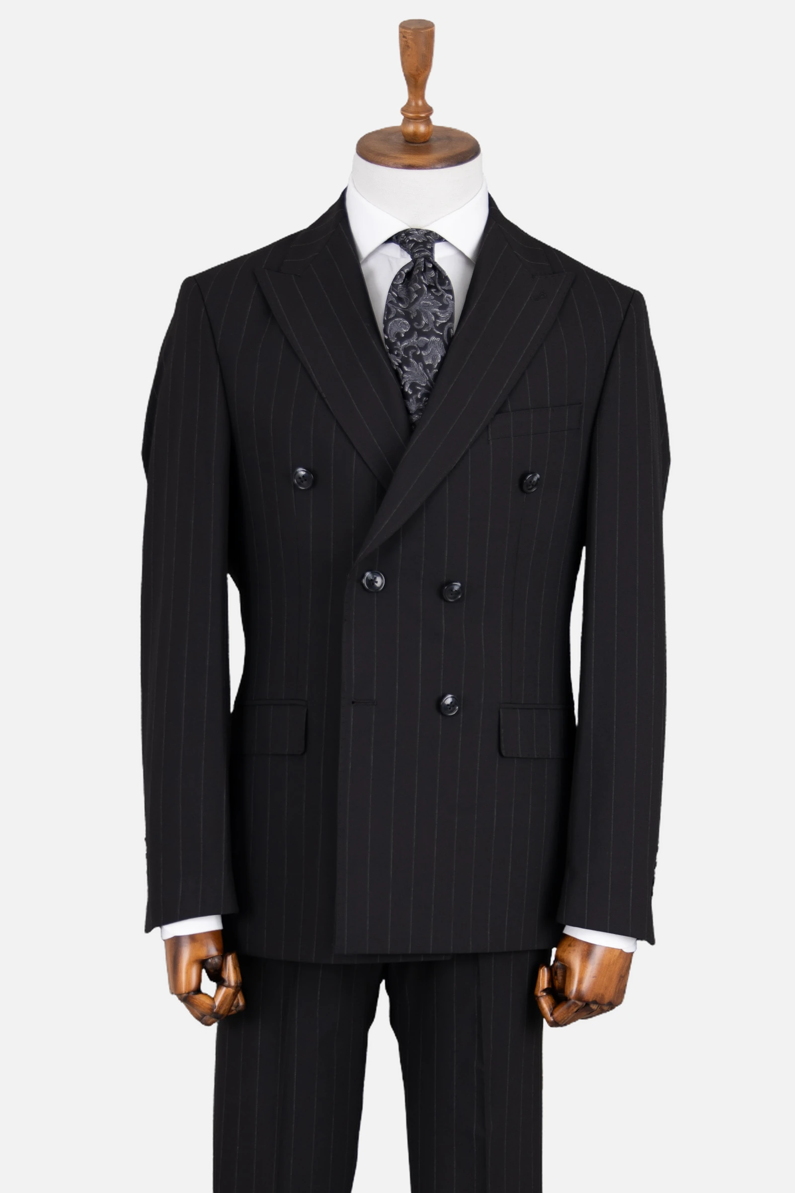 Kruvaze Çizgili Takım Elbise - Siyah