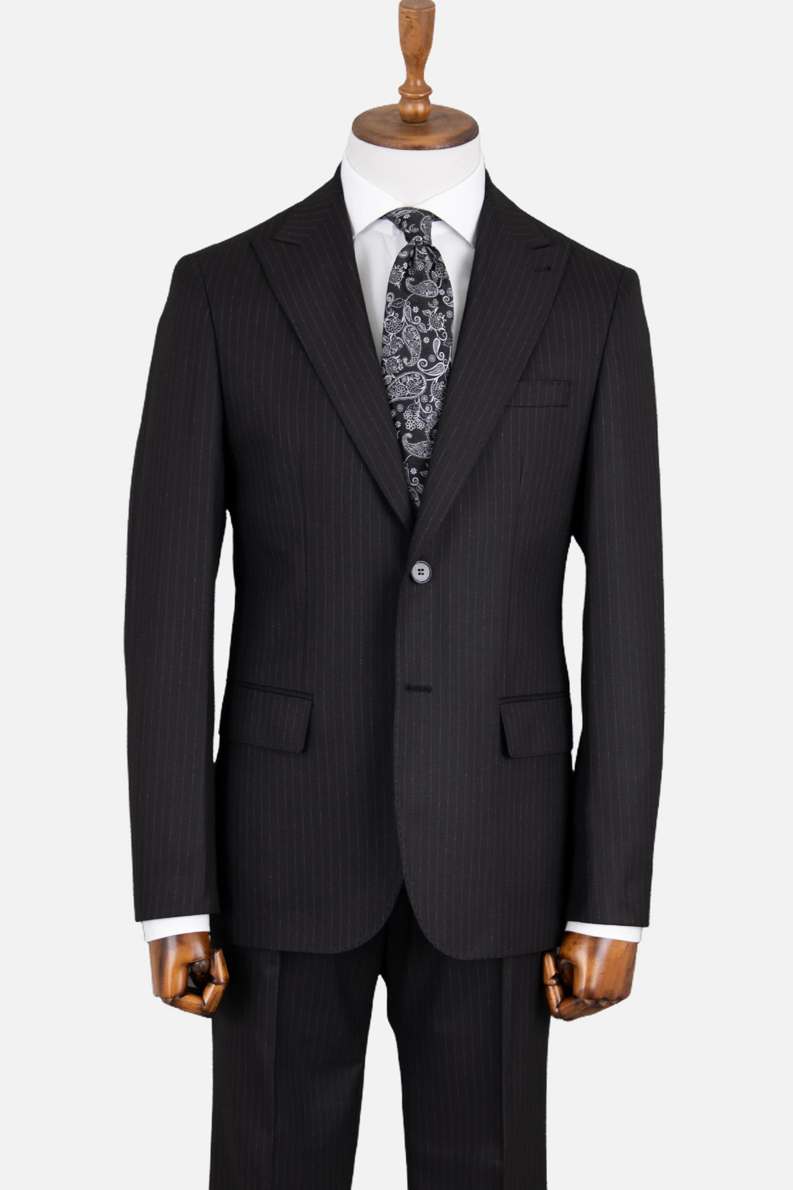 Yün Çizgili Takım Elbise - Siyah