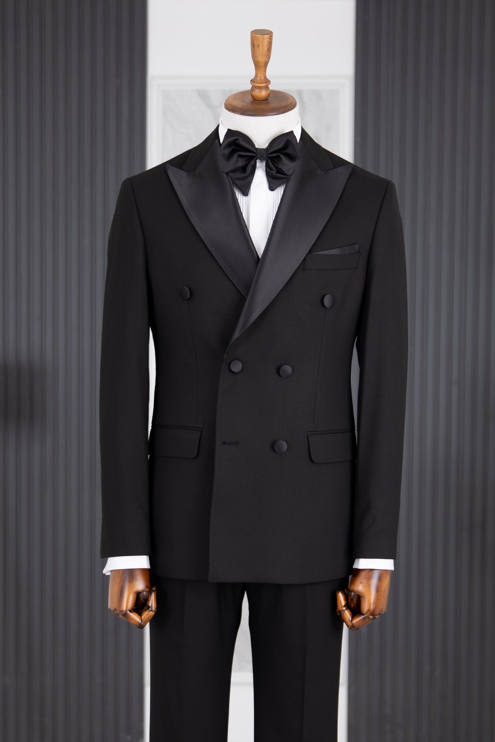 Modern Fit Çıkma Sivri Yaka Kruvaze Damatlık & Smokin - Siyah