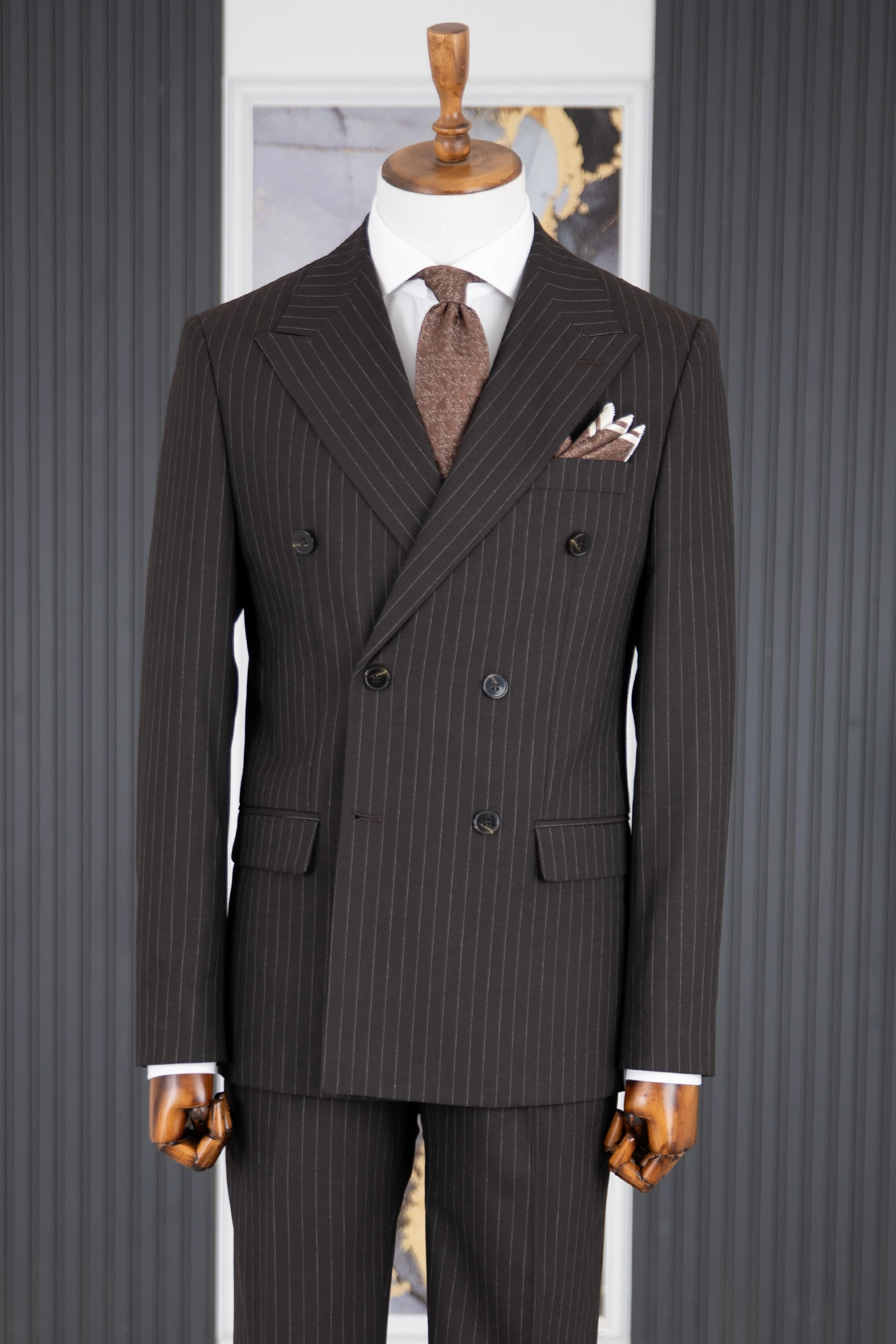 Kruvaze Çizgili Takım Elbise - Acı Kahve