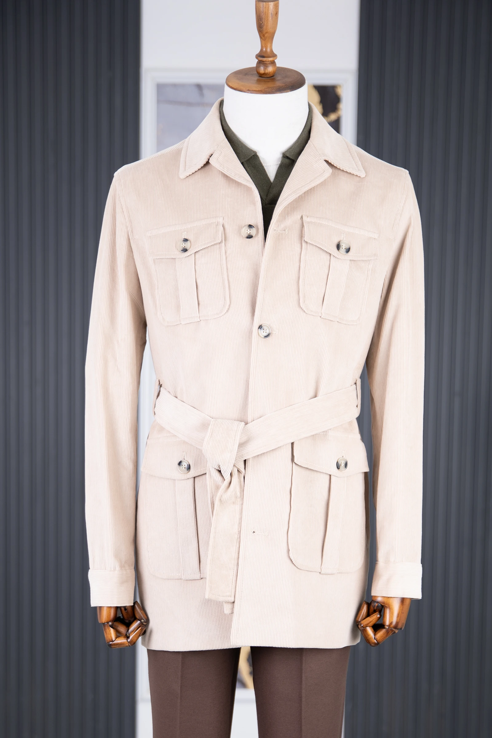 Kadife Kuşaklı Trençkot - Bej