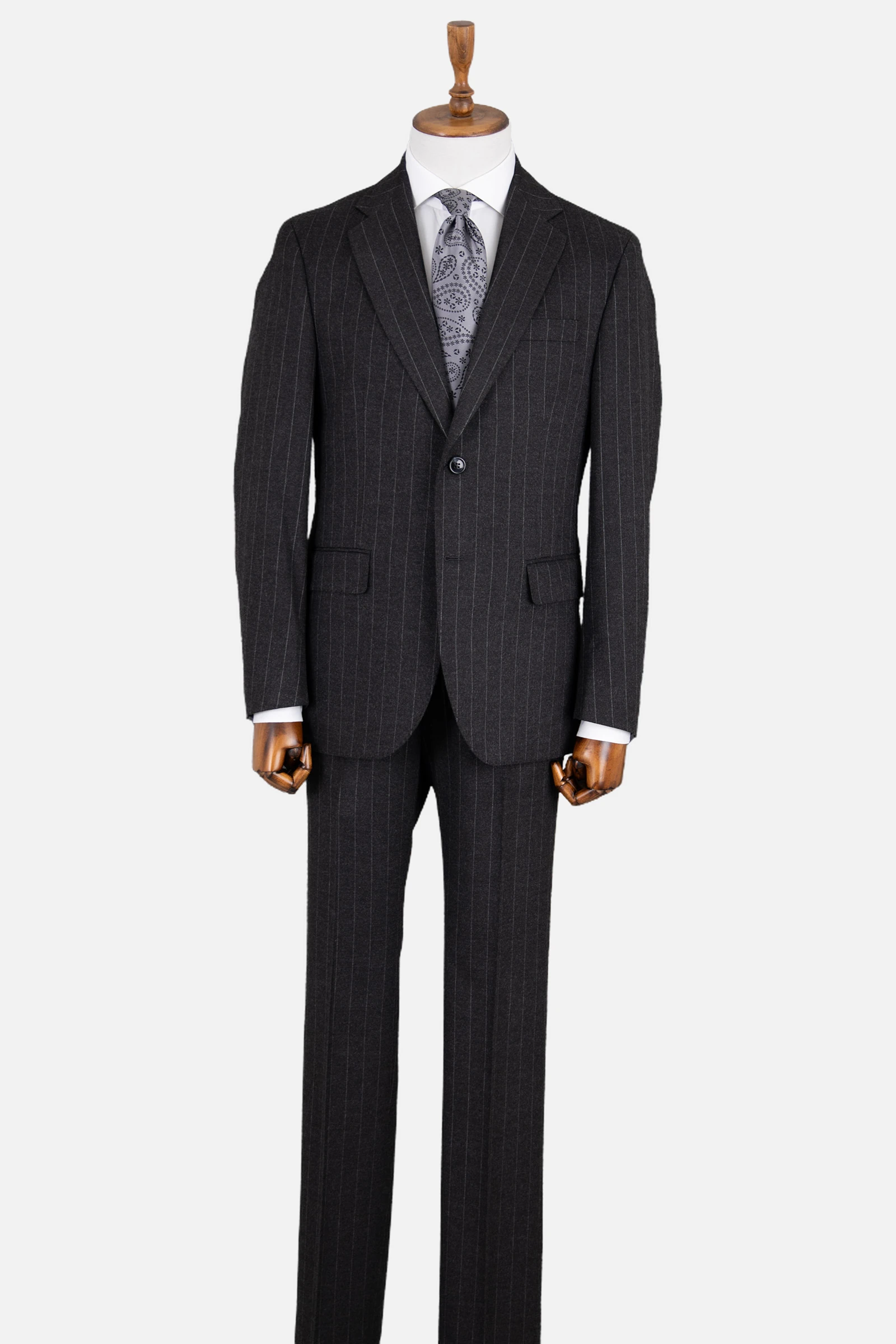 Yün Çizgili Takım Elbise - Siyah