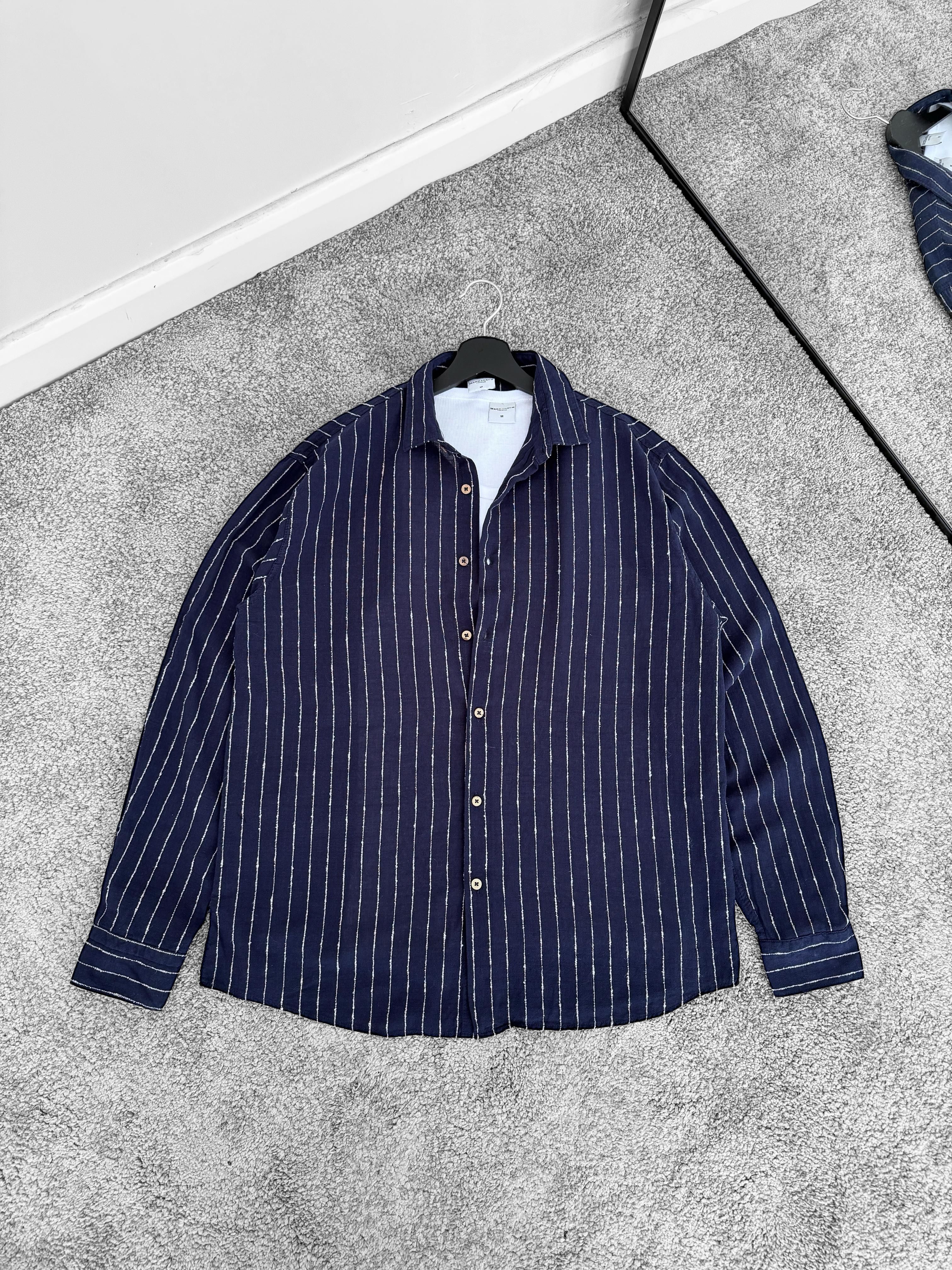 Çizgili Oversize Keten Gömlek (VV333) - Lacivert