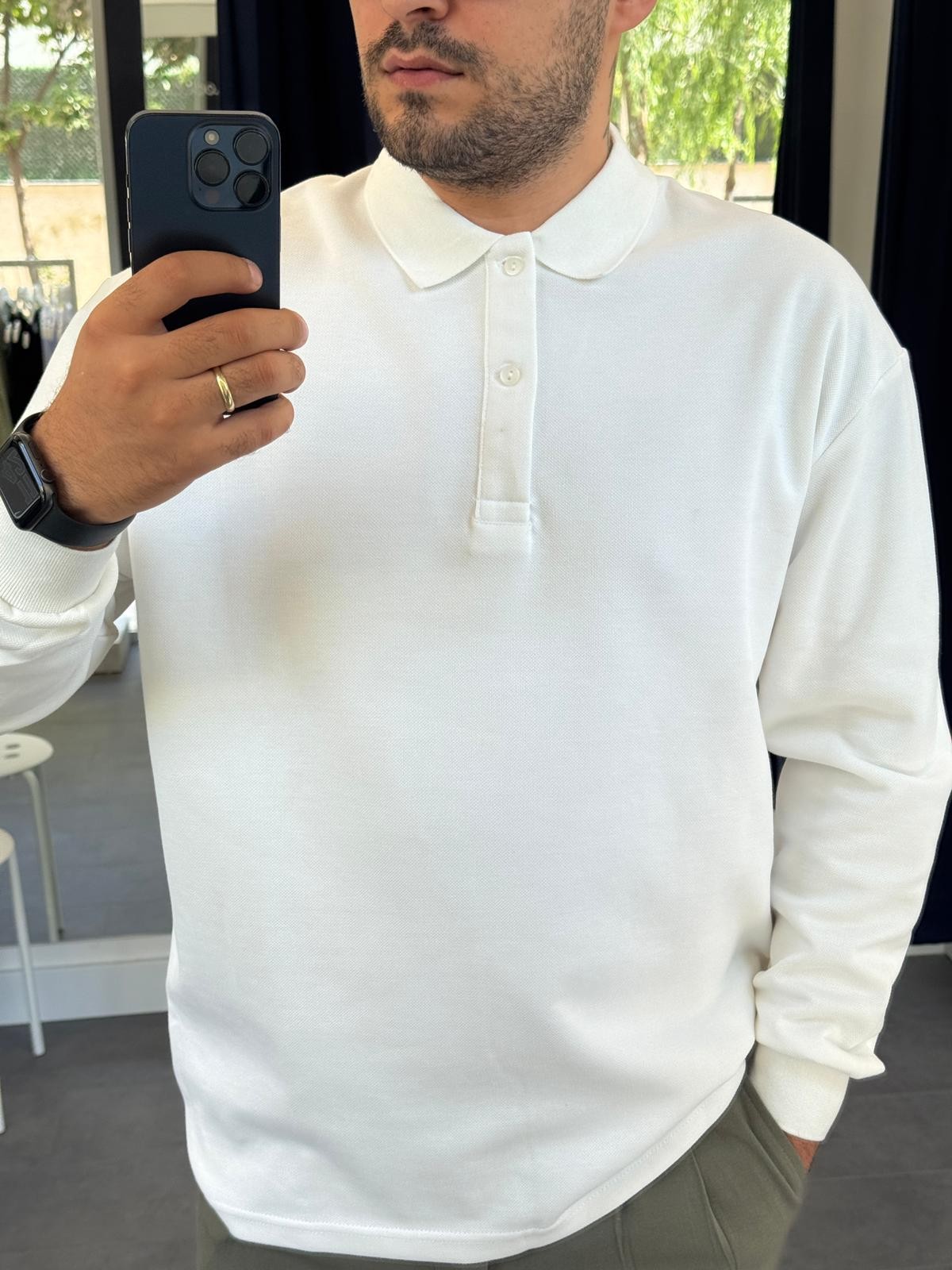 Polo Yaka Düğmeli Oversize Uzun Kol Kalın Tişört (VV369) - Beyaz