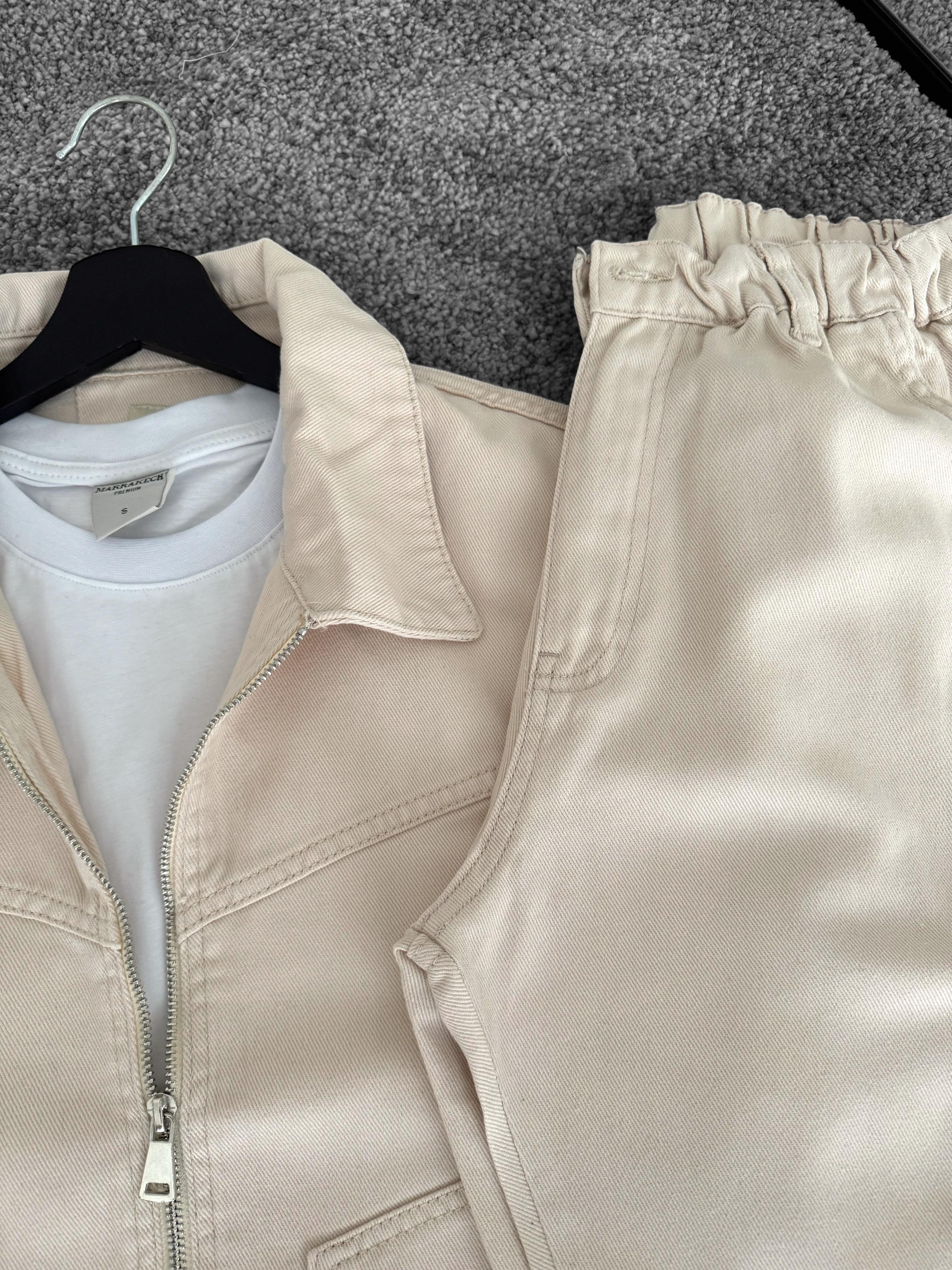 Bej Kalın Crop Top Ceket & Bej Baggy Kalıp Kargo Cepli Pantolon Takım (VV182)