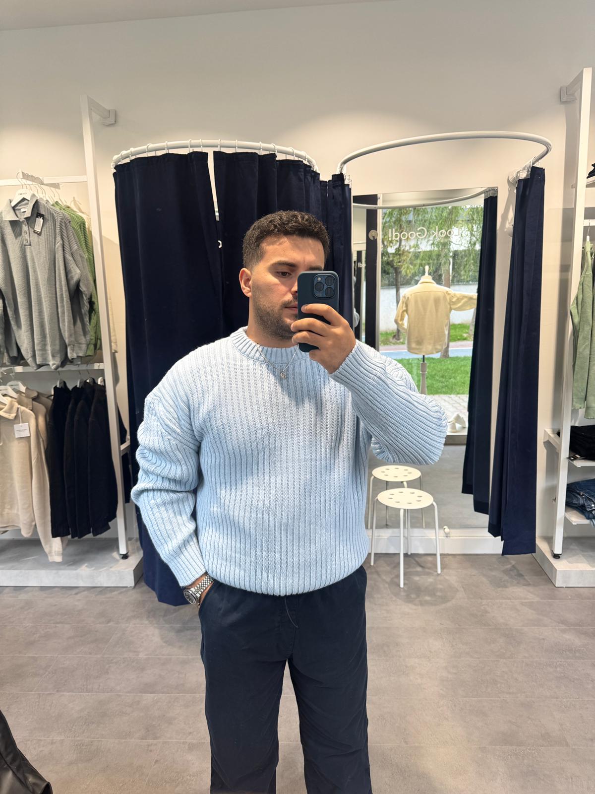 MRK Düz Fitilli Oversize Örme Kazak (VV397) - Bebe Mavi