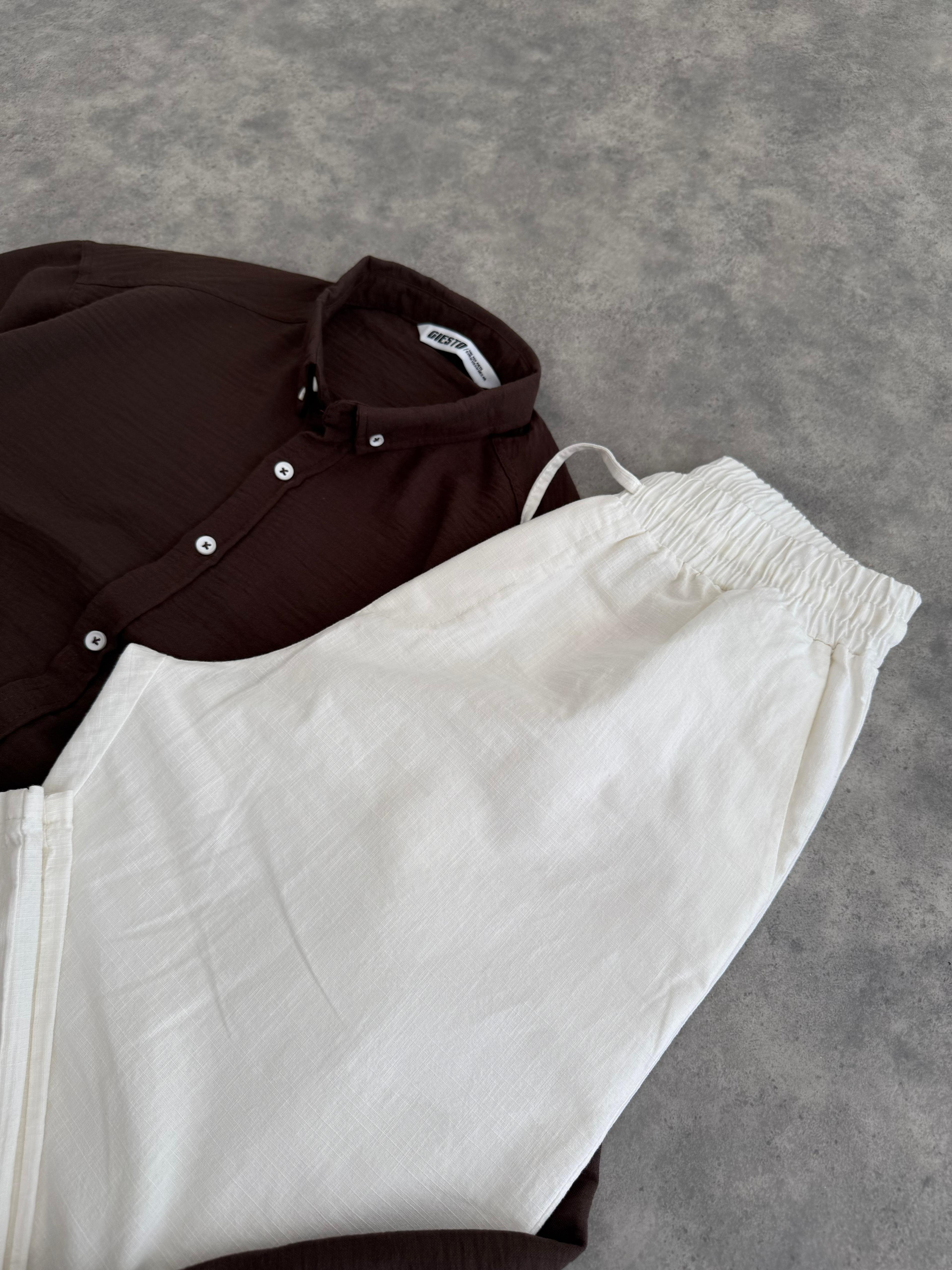 Acıkahve Oversize Keten Gömlek & Ekru Giesto Baggy Kalıp Keten Pantolon (VV344)