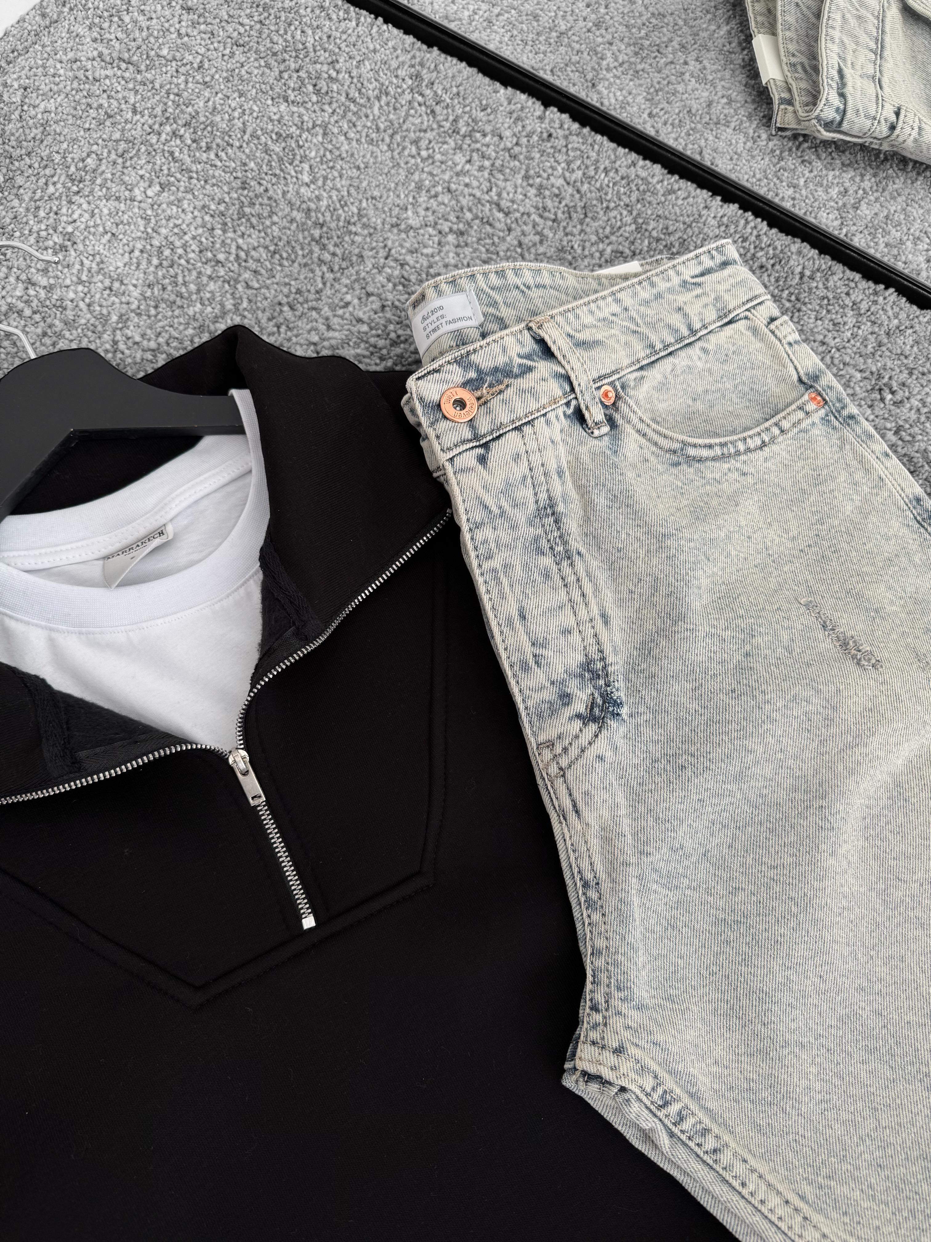 Siyah Üç İplik Şardonlu Yarım Fermuarlı Sweat & Buz Mavi Kot Boyfriend Pantolon (VV184)