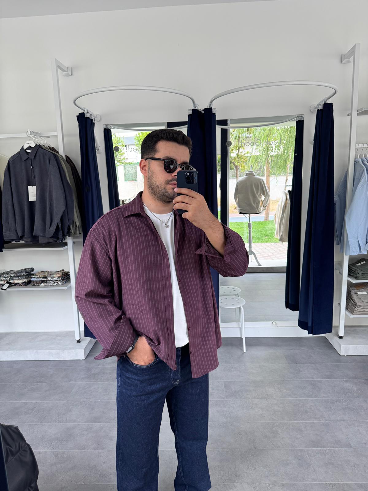 Snow Modal Kumaş Oversize Çizgili Gömlek (VV380) - Bordo