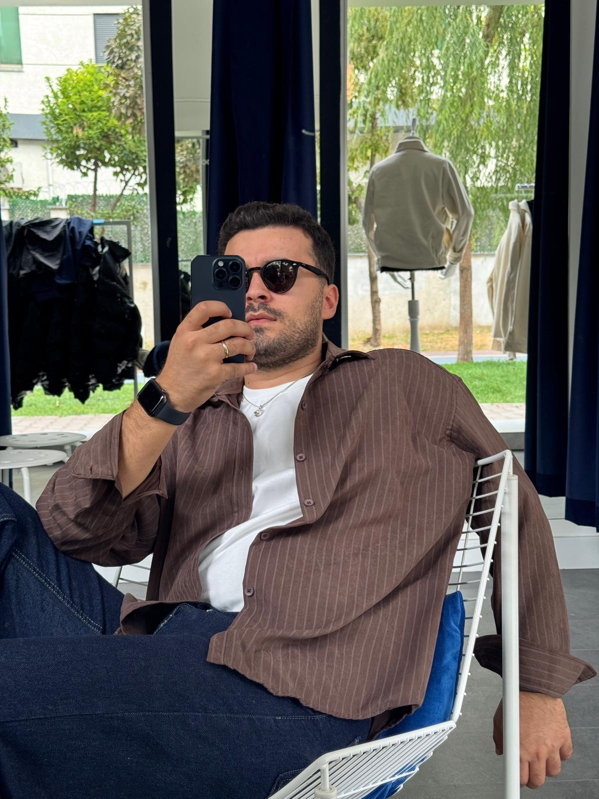 Snow Modal Kumaş Oversize Çizgili Gömlek (VV380) - Kahverengi