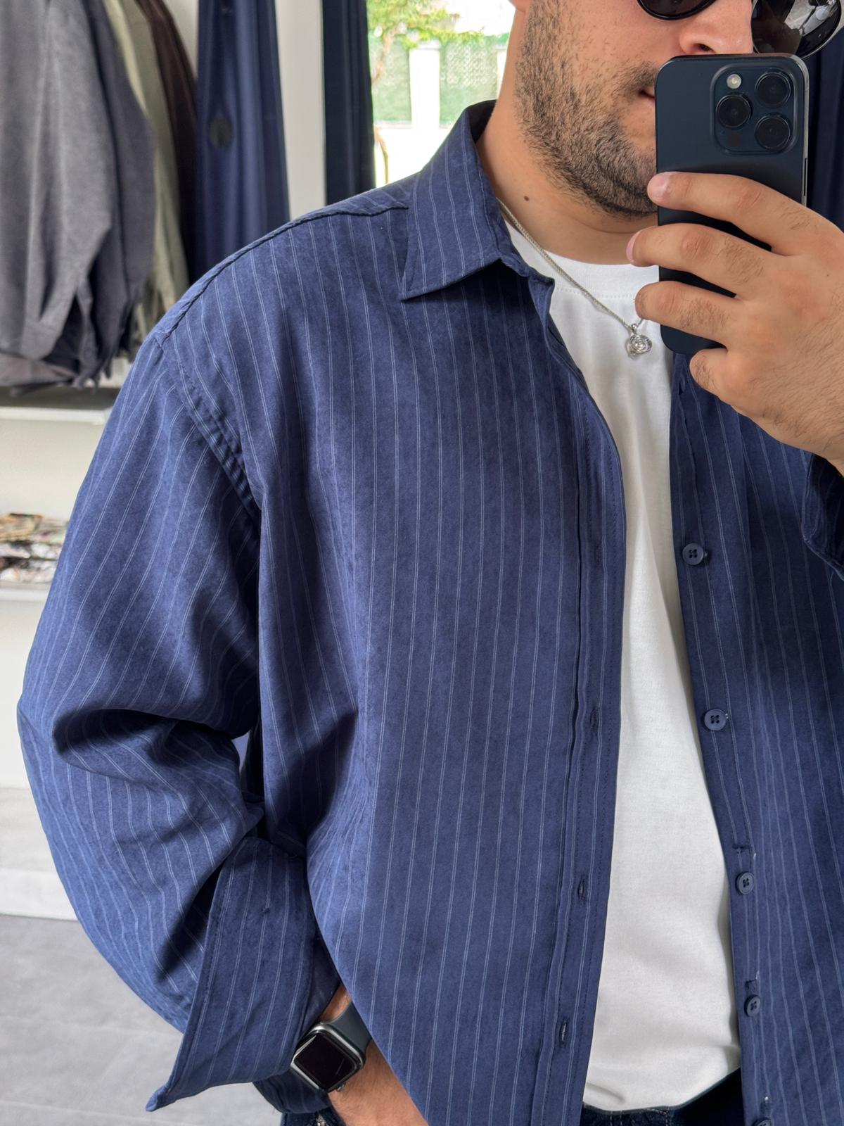 Snow Modal Kumaş Oversize Çizgili Gömlek (VV380) - Lacivert