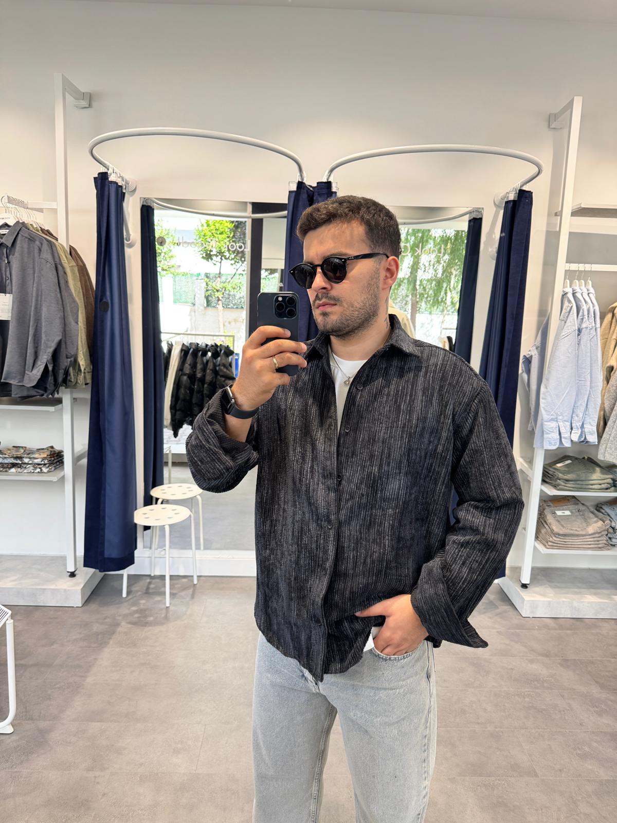 Efektli Kadife Gömlek (VV383) - Siyah