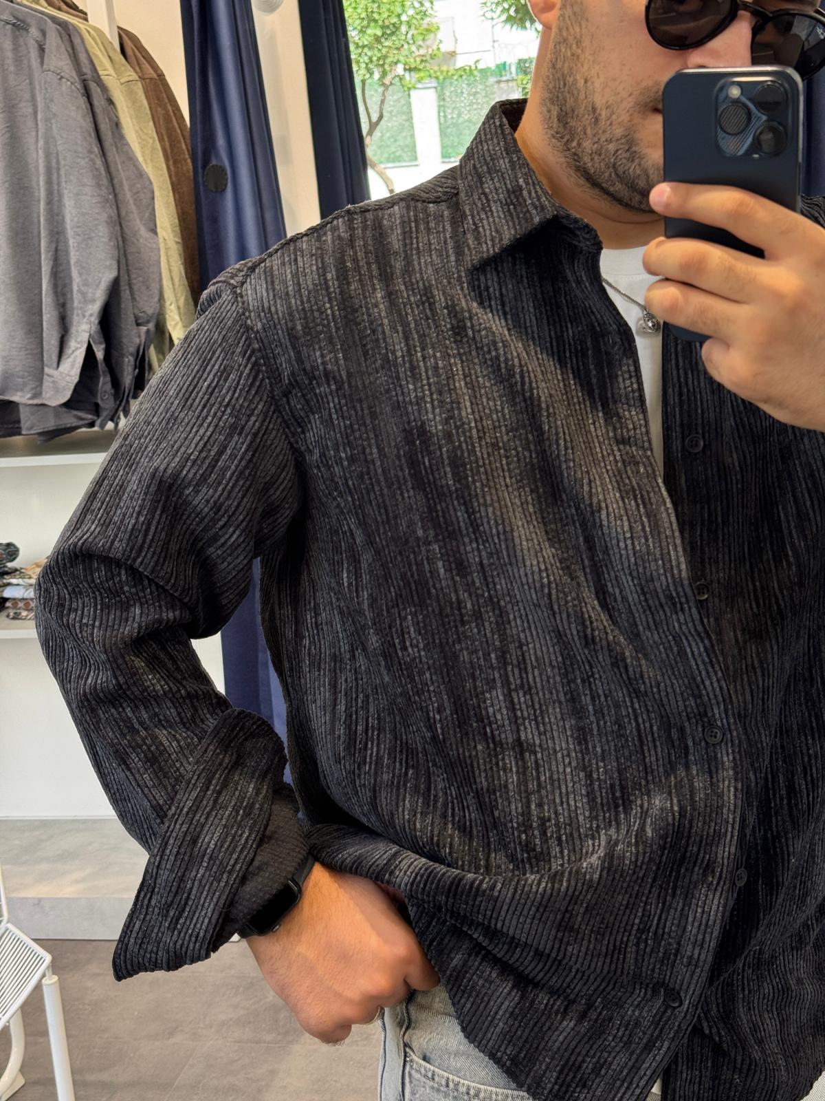 Efektli Kadife Gömlek (VV383) - Siyah