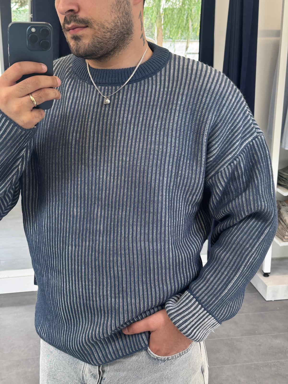 Fitilli Çift Renk Triko Kazak (VV384) - Lacivert