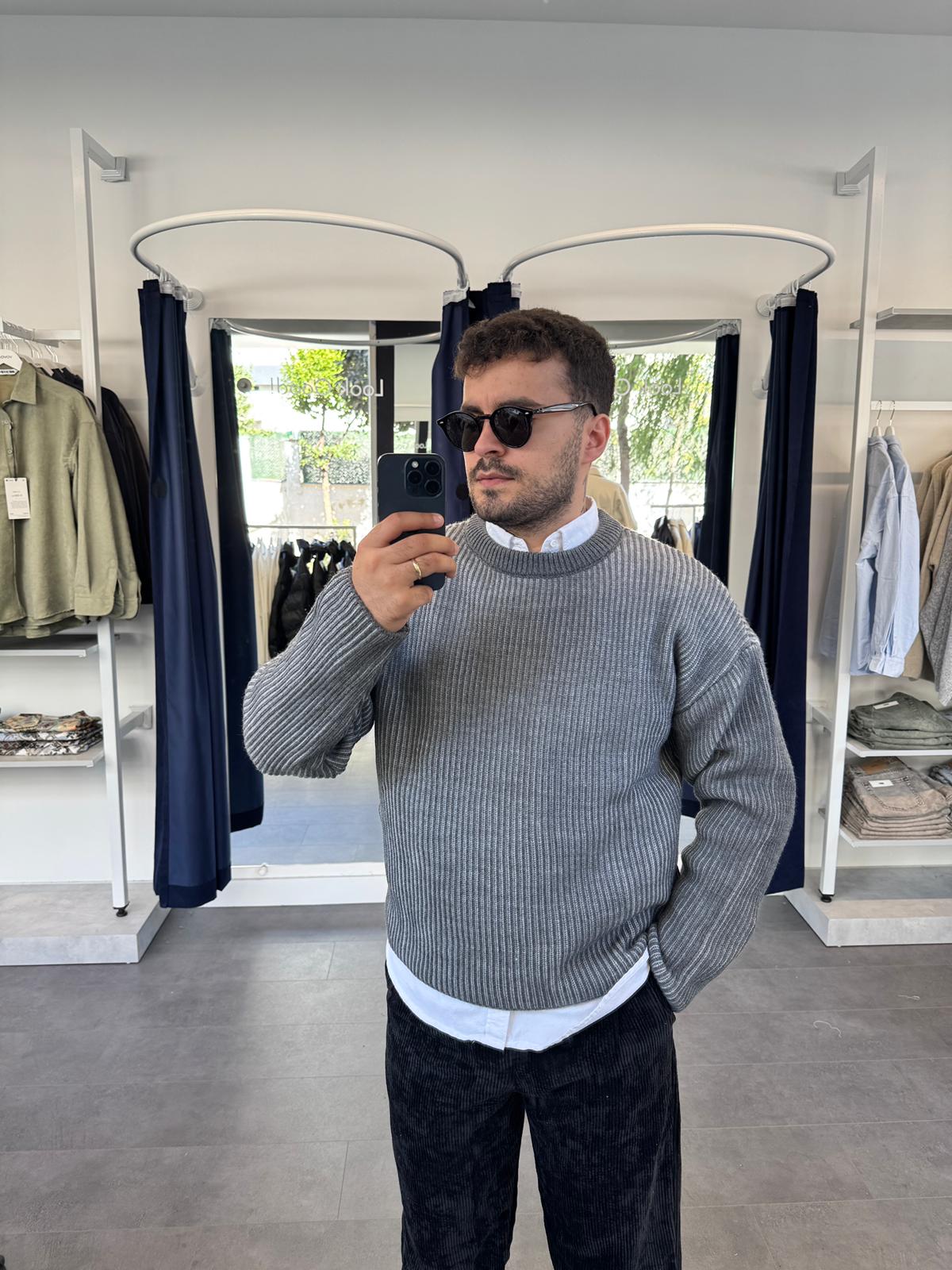 Fitilli Çift Renk Triko Kazak (VV384) - Gri