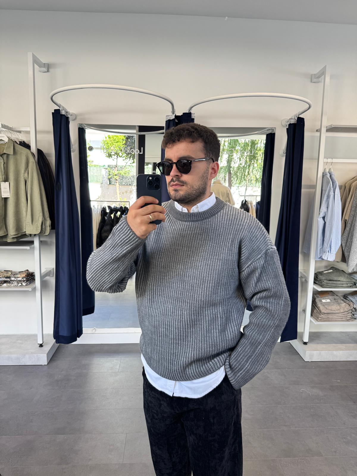 Fitilli Çift Renk Triko Kazak (VV384) - Gri