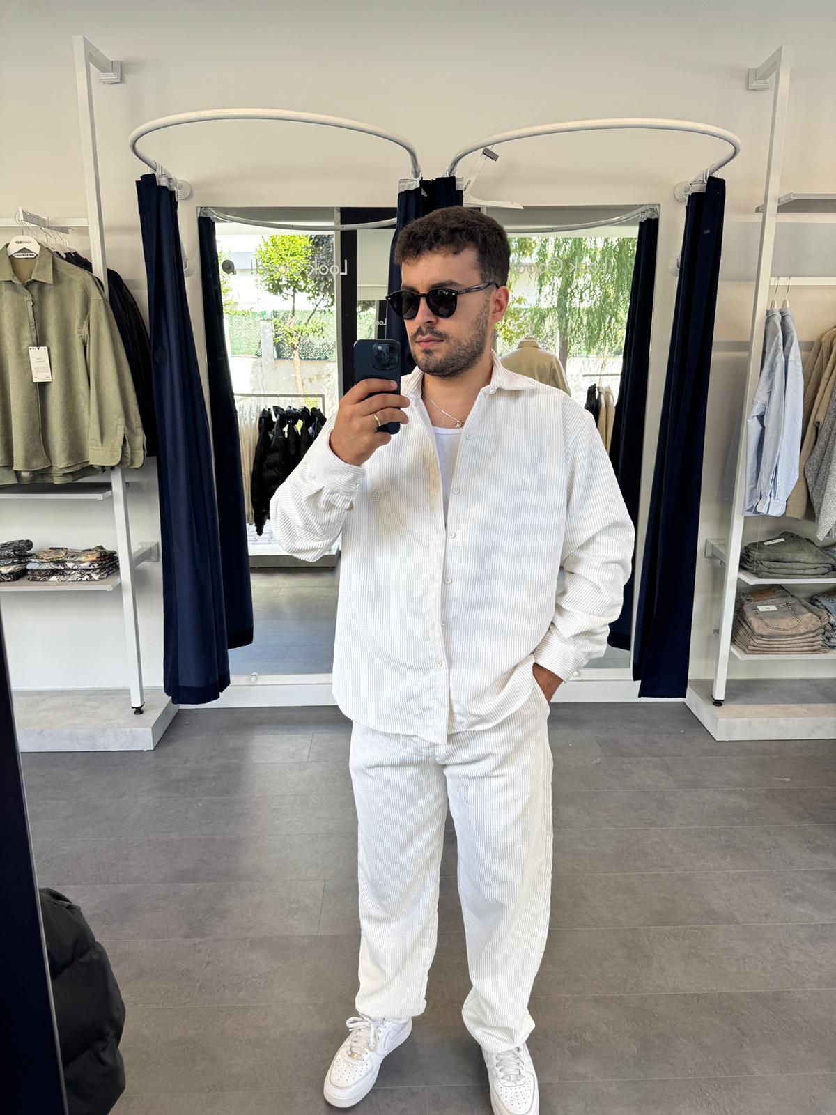 Kadife Kumaş Oversize Gömlek (VV386) - Beyaz