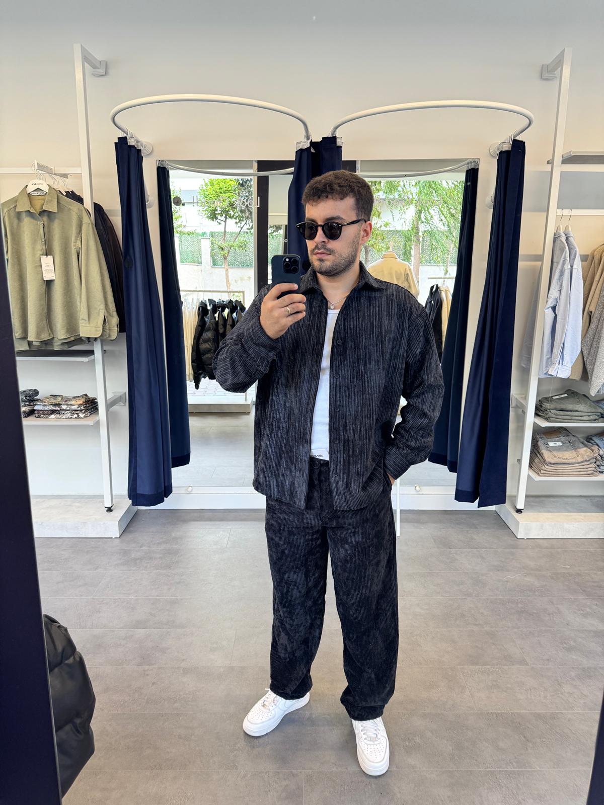 Kadife Kumaş Oversize Gömlek (VV386) - Siyah